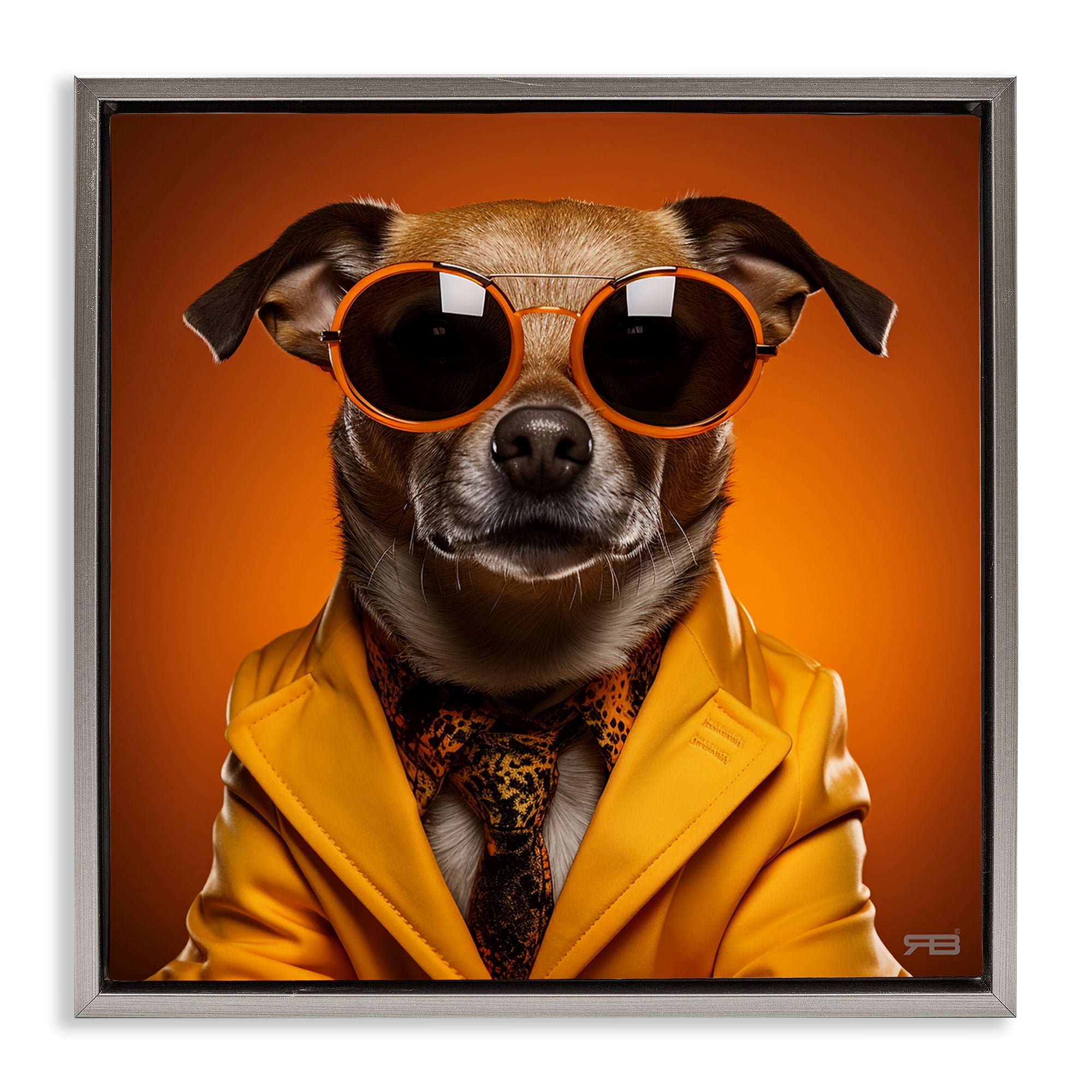 Stupell Industries Trendy Dog Yellow Suit Animals & Insects Painting Gray Floater Framed Canvas Art Print Wall Art, 18 x 18
