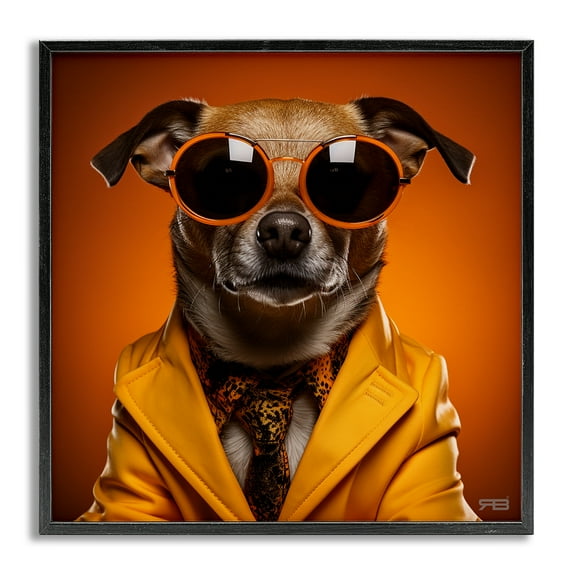 Stupell Industries Trendy Dog Yellow Suit Animals & Insects Painting Gray Framed Art Print Wall Art, 12 x 12