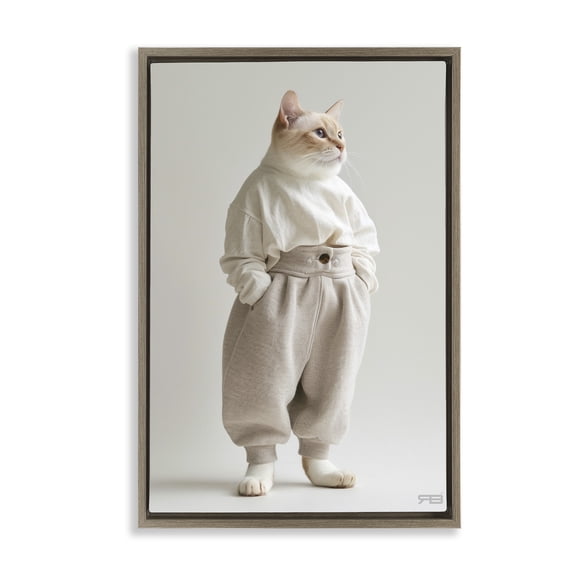 Stupell Industries Trendy Fashion Cat Animals & Insects Painting Brown Floater Framed Canvas Art Print Wall Art, 17 x 25