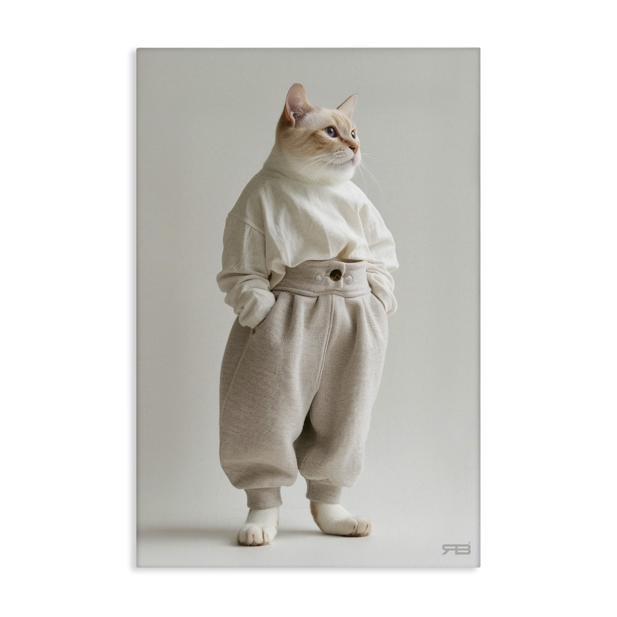 Trendy Fashion Cat in Beige Outfit Canvas Wall Art, 16 x 24