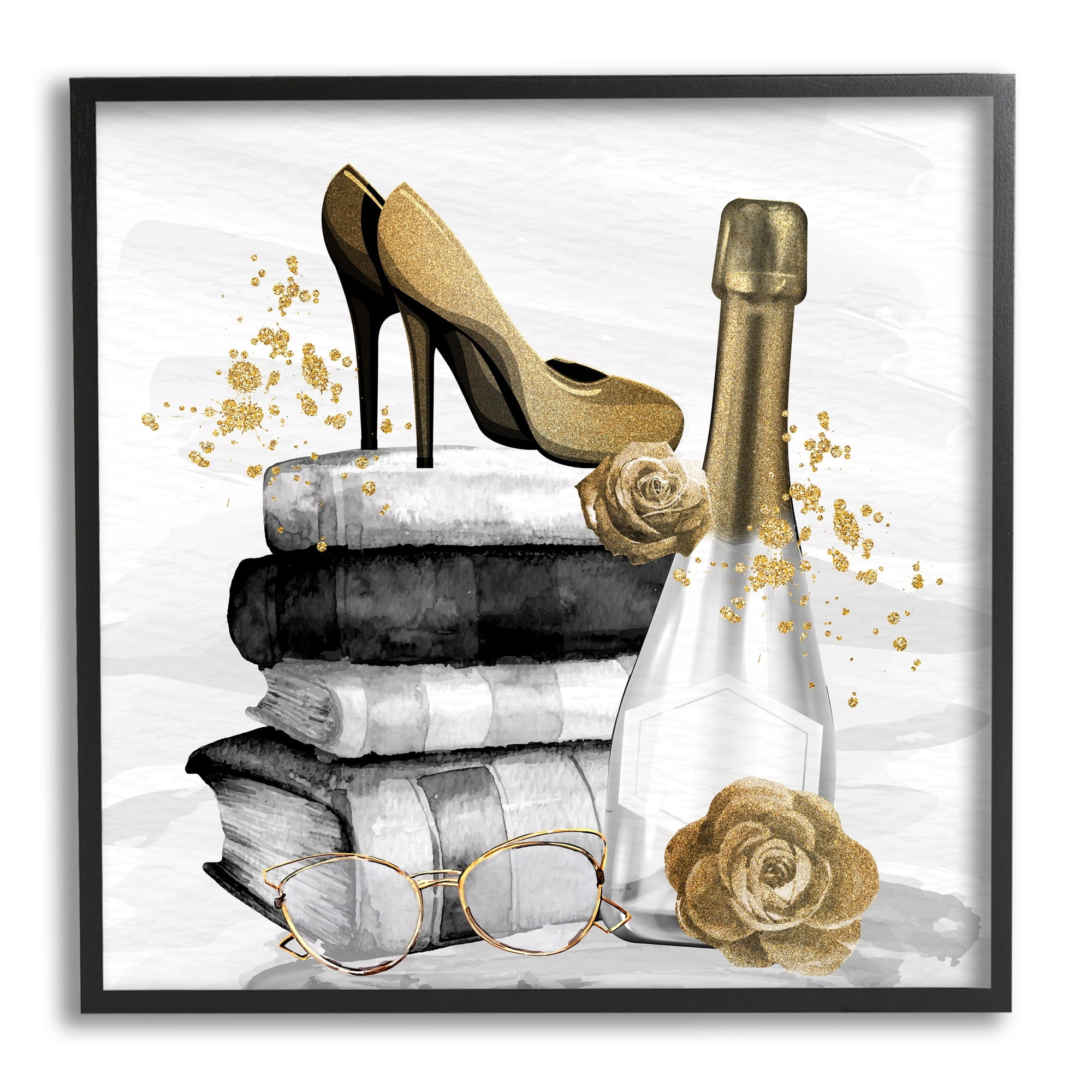 Stupell Industries Trendy Fashion Heels Book Stack Dazzling Champagne Graphic Art Black Framed Art Print Wall Art, Design by Kim Allen