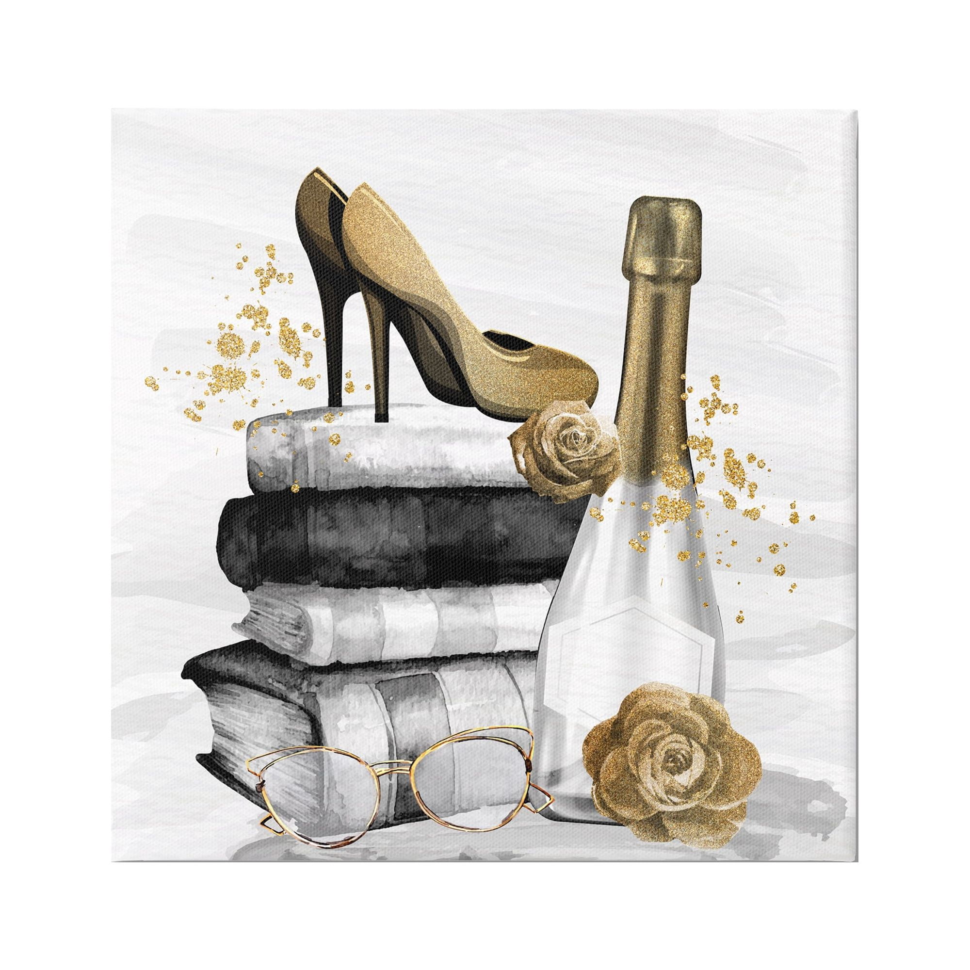 Stupell Industries Trendy Fashion Heels Book Stack Dazzling Champagne Graphic Art Gallery Wrapped Canvas Print Wall Art, Design by Kim Allen
