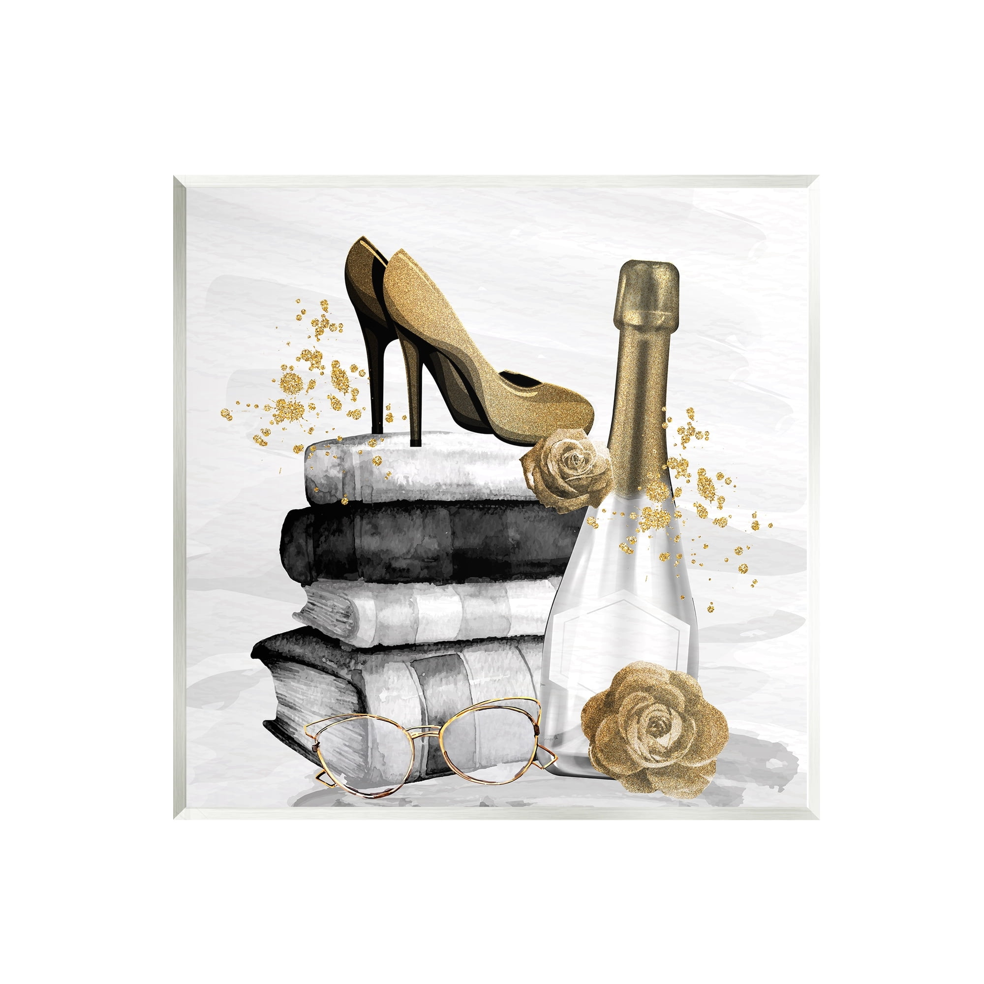 Stupell Industries Trendy Fashion Heels Book Stack Dazzling Champagne Graphic Art Unframed Art Print Wall Art, Design by Kim Allen