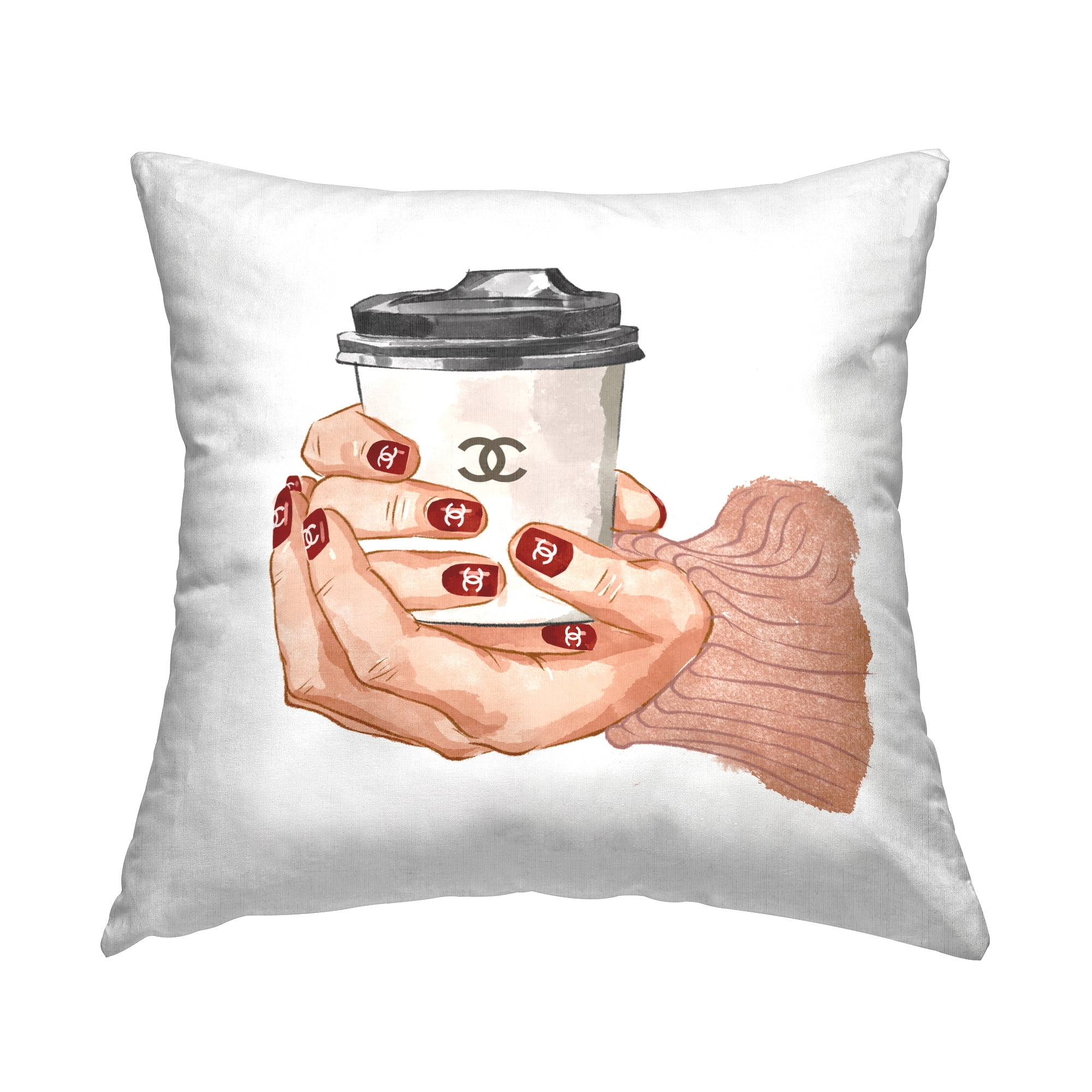 Stupell Industries Trendy Fashion Holding Coffee Cup Square Decorative Printed Throw Pillow, 18 x 18,