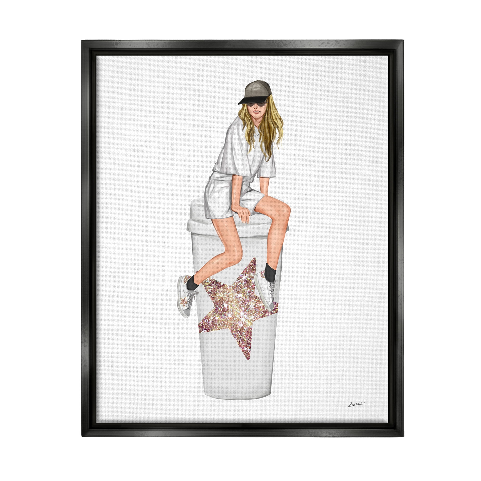 Stupell Industries Trendy Fashionable Girl Coffee Cup Beauty & Fashion Painting Black Floater Framed Art Print Wall Art