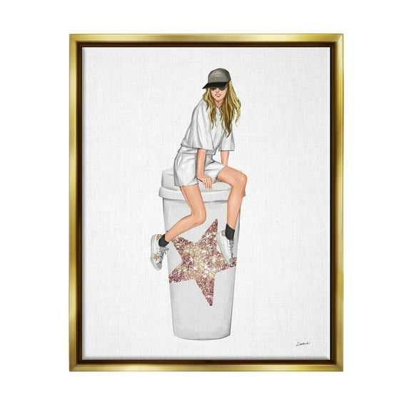 Stupell Industries Trendy Fashionable Girl Coffee Cup Beauty & Fashion Painting Gold Floater Framed Art Print Wall Art