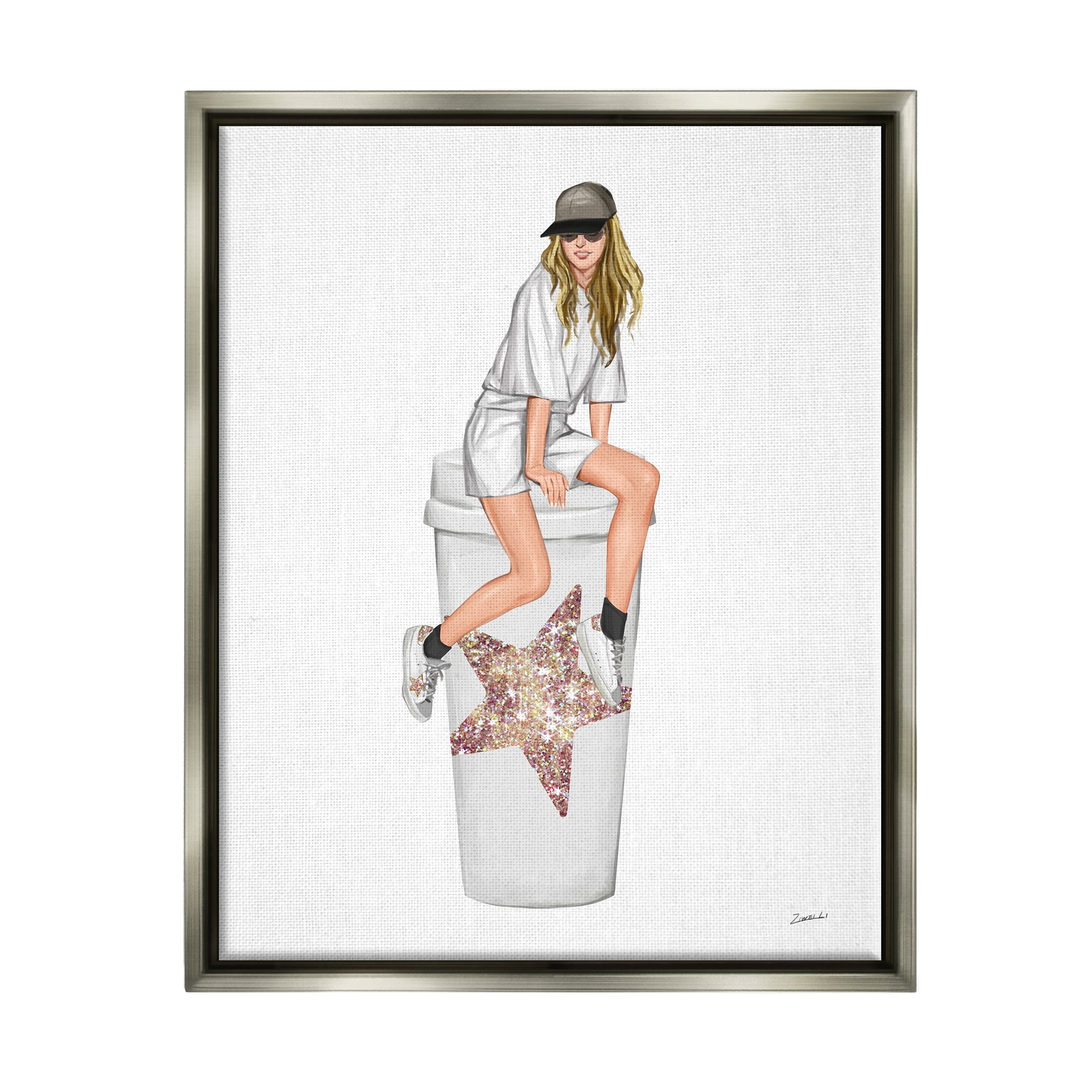 Stupell Industries Trendy Fashionable Girl Coffee Cup Beauty & Fashion Painting Gray Floater Framed Art Print Wall Art