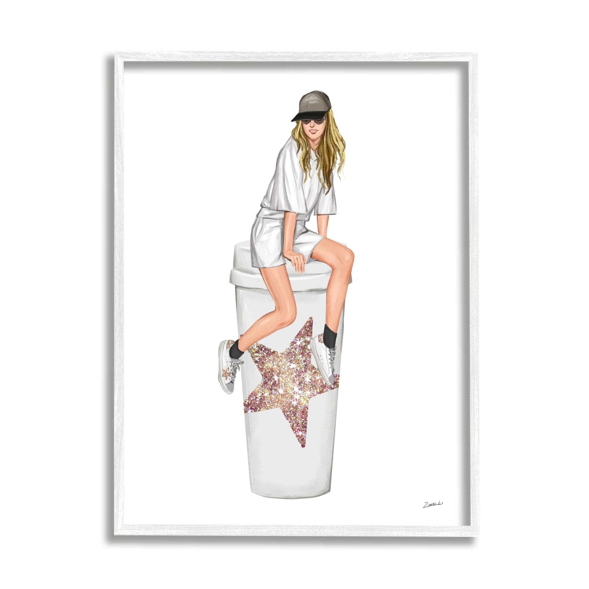 Stupell Industries Trendy Fashionable Girl Coffee Cup Beauty & Fashion Painting White Framed Art Print Wall Art