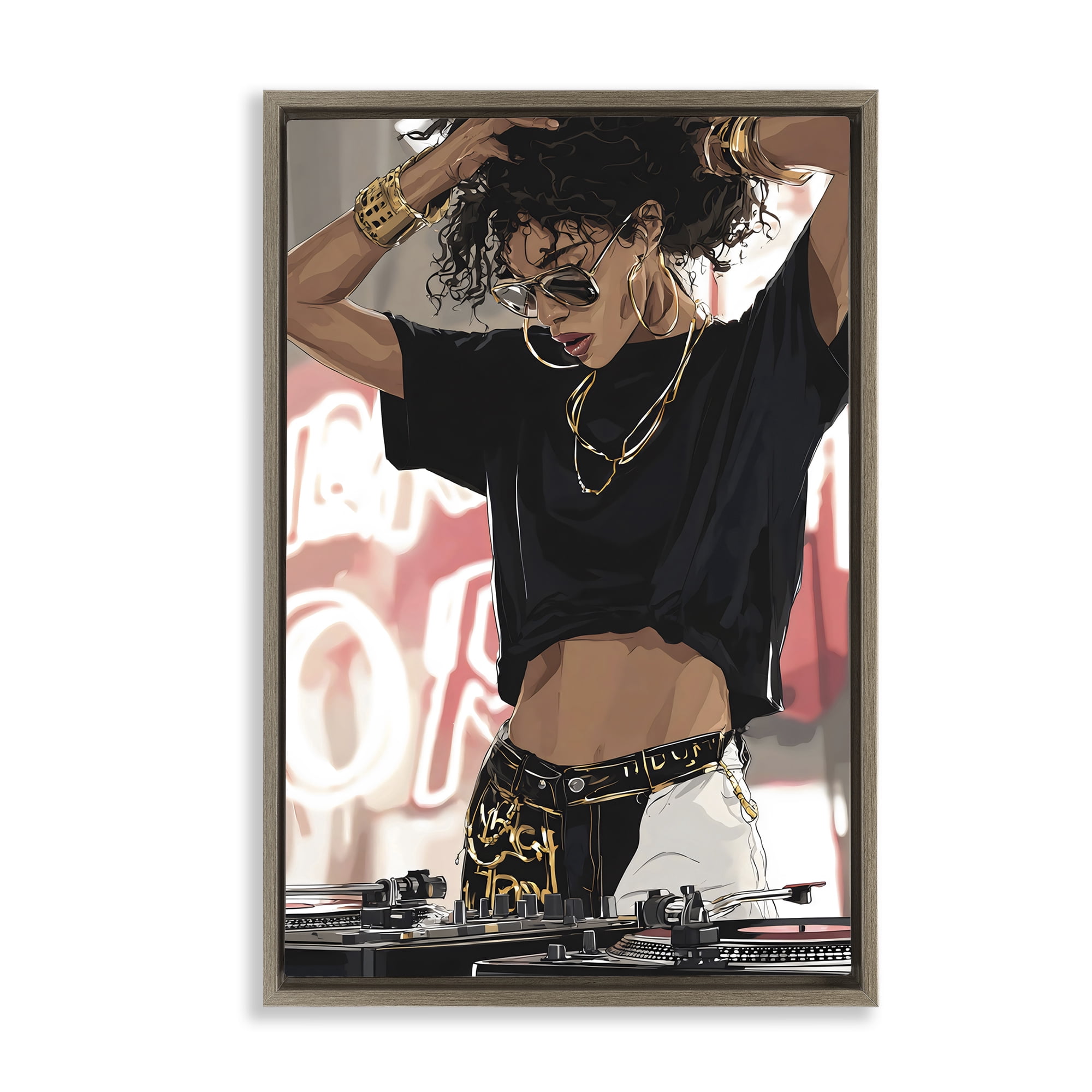 Stupell Industries Trendy Female DJ Musician Brown Framed Floater Canvas Wall Art, design by Franklyn Gregory