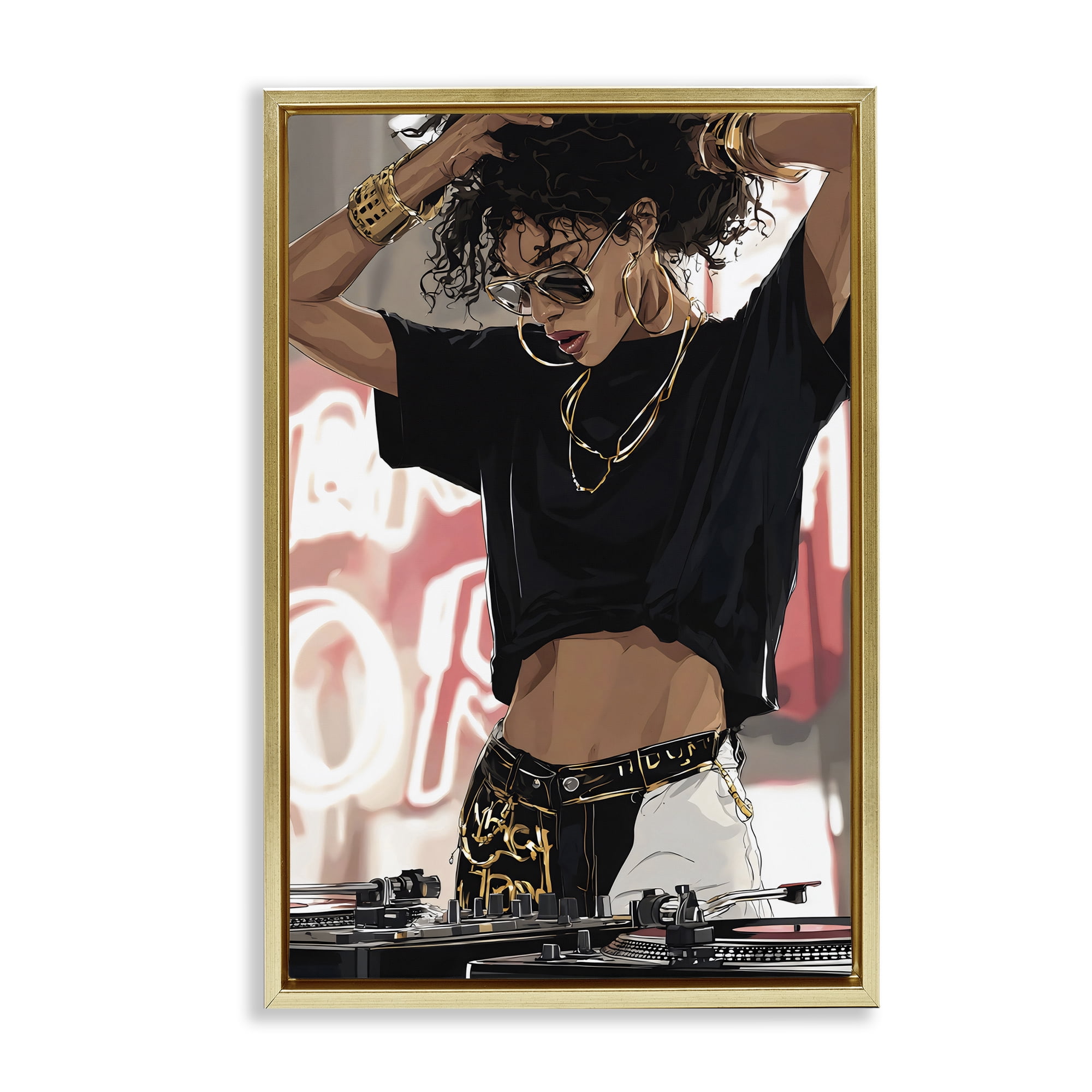 Stupell Industries Trendy Female DJ Musician Gold Framed Floater Canvas Wall Art, design by Franklyn Gregory