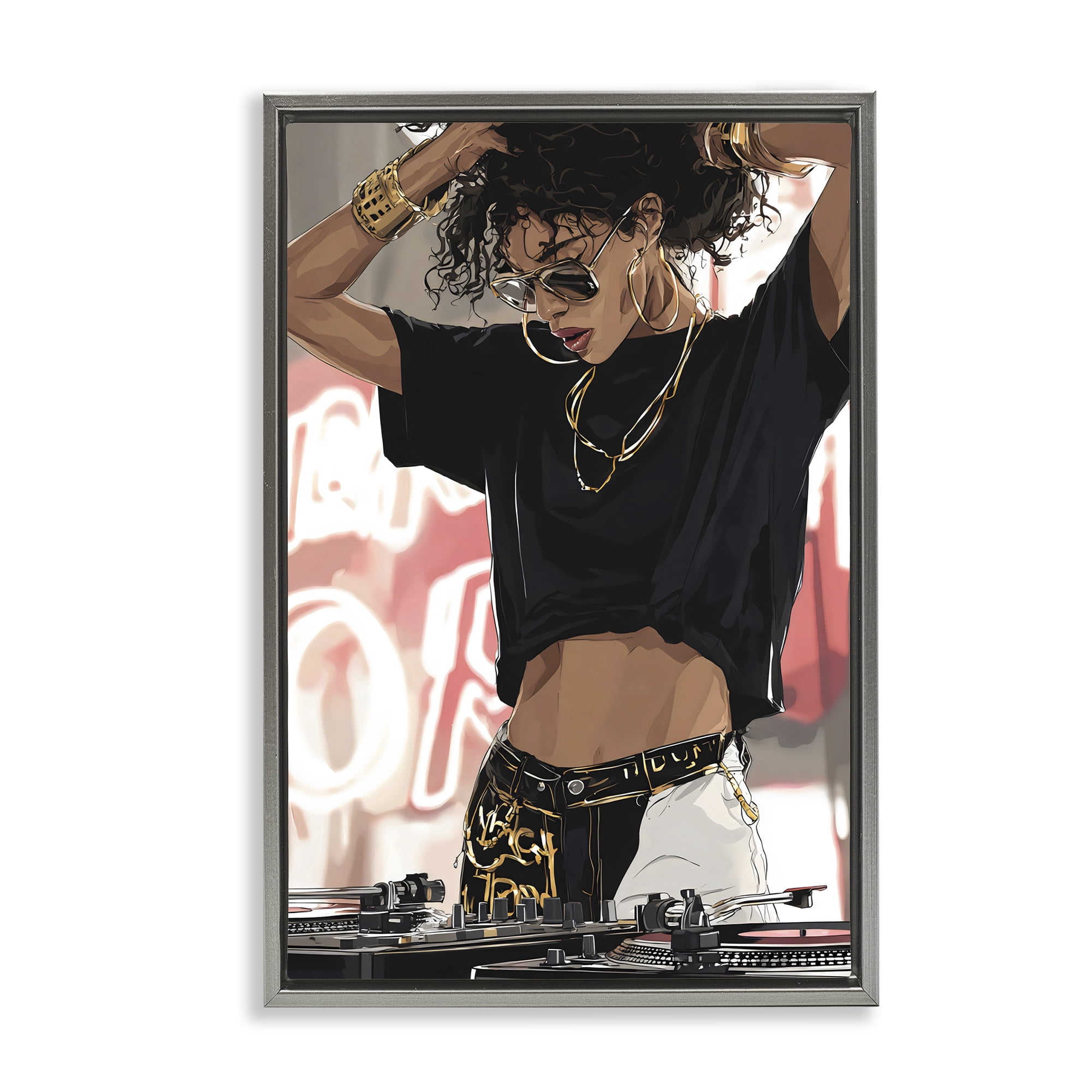 Stupell Industries Trendy Female DJ Musician Gray Framed Floater Canvas Wall Art, design by Franklyn Gregory