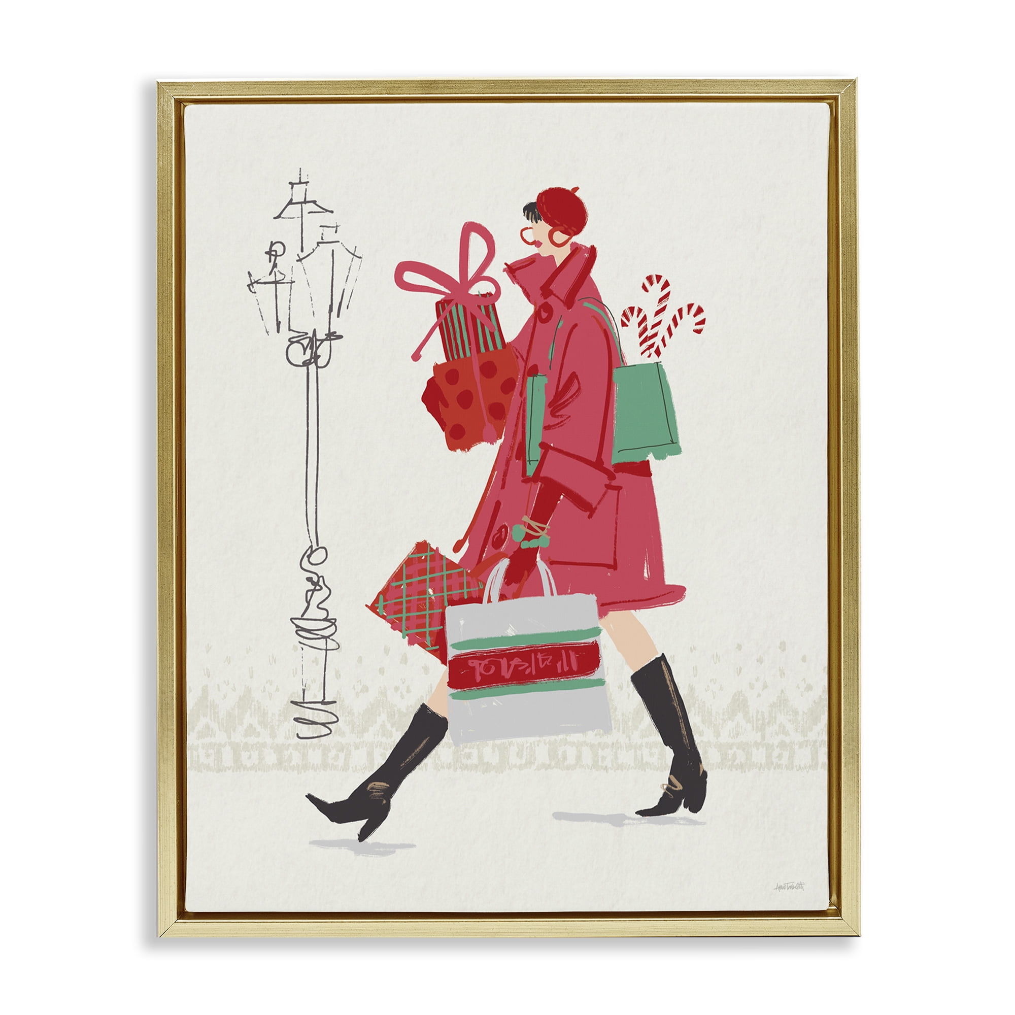 Stupell Industries Trendy Festive Fashion Holiday Painting Gold Floater Framed Canvas Art Prints Wall Art, 17 x 21