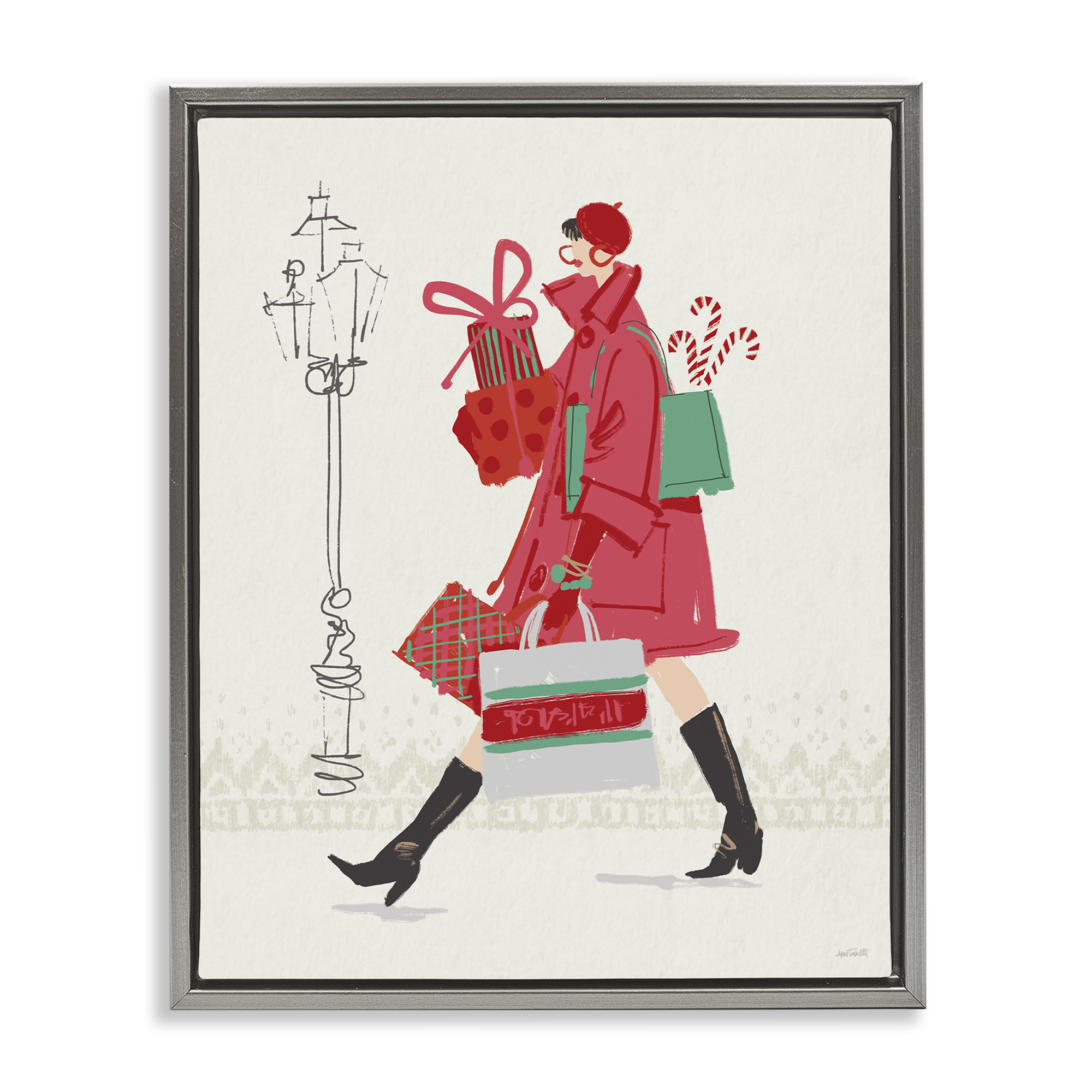 Stupell Industries Trendy Festive Fashion Holiday Painting Gray Floater Framed Canvas Art Prints Wall Art, 17 x 21