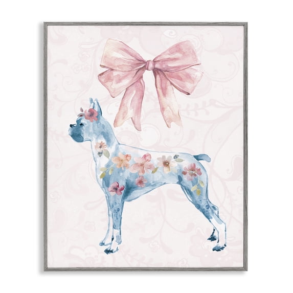 Stupell Industries Trendy Floral Dog Animals Painting Gray Framed Art Print Wall Art, 24 x 30