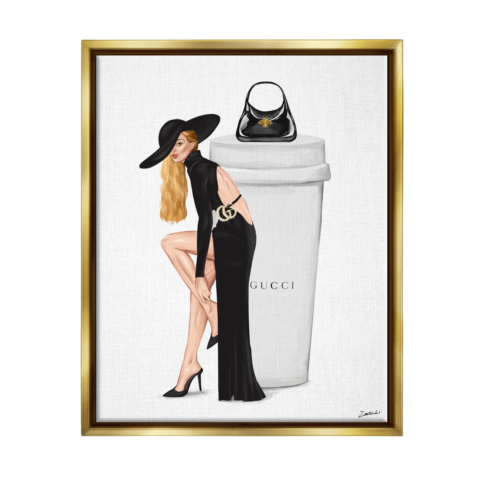 Stupell Industries Trendy Girl & Coffee Cup Food & Beverage Painting Gold Floater Framed Art Print Wall Art, 25 x 31