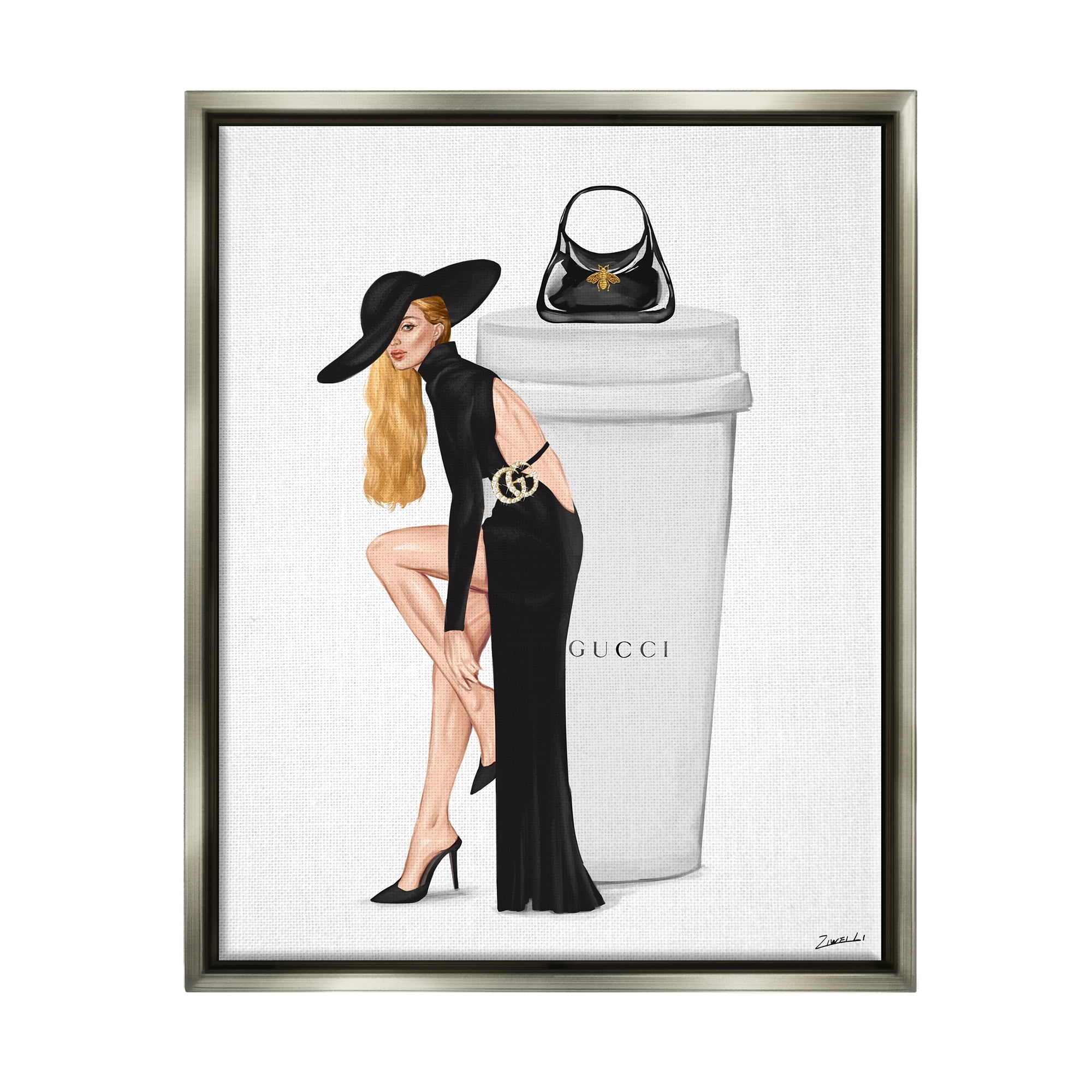 Stupell Industries Trendy Girl & Coffee Cup Food & Beverage Painting Gray Floater Framed Art Print Wall Art, 17 x 21