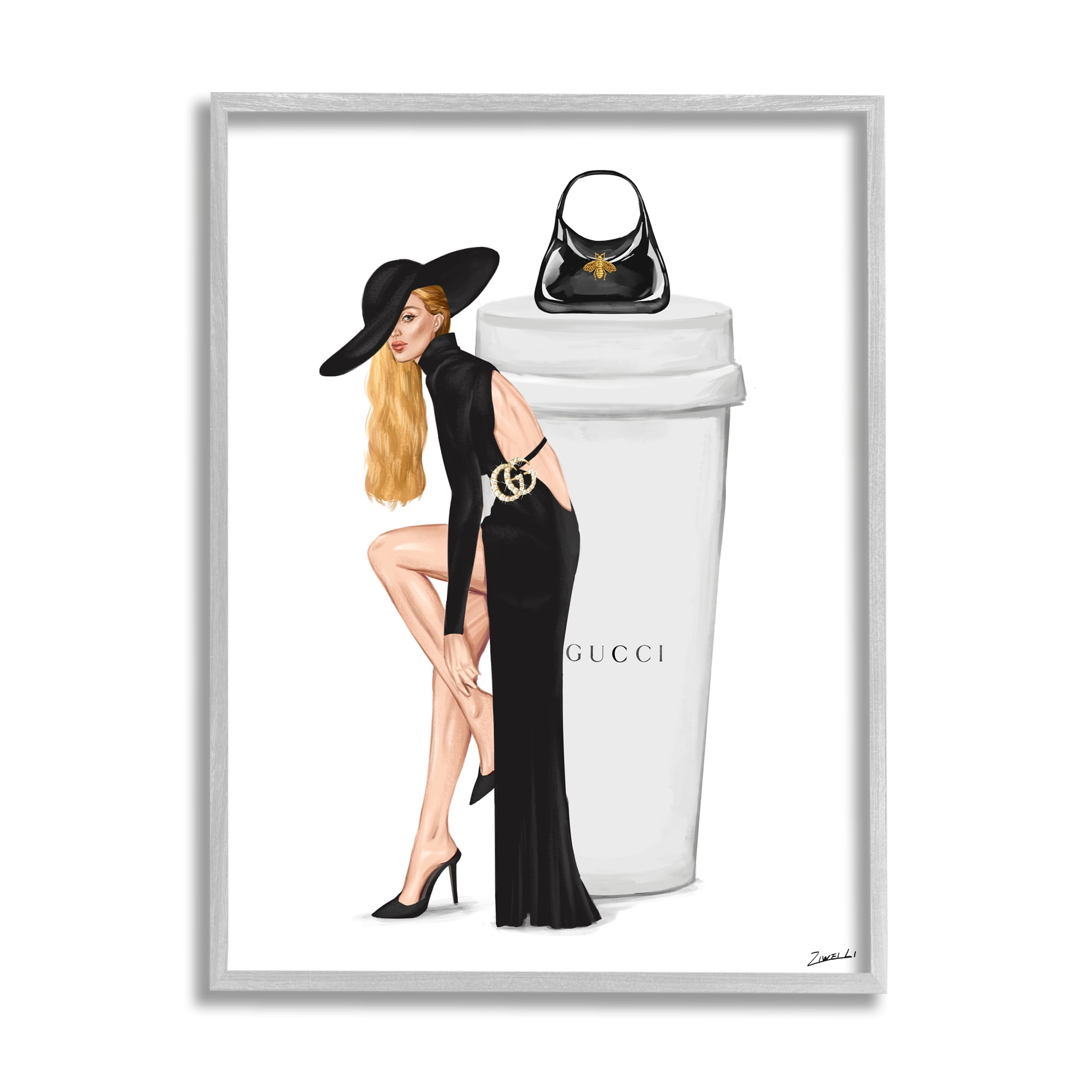 Stupell Industries Trendy Girl & Coffee Cup Food & Beverage Painting Gray Framed Art Print Wall Art, 11 x 14