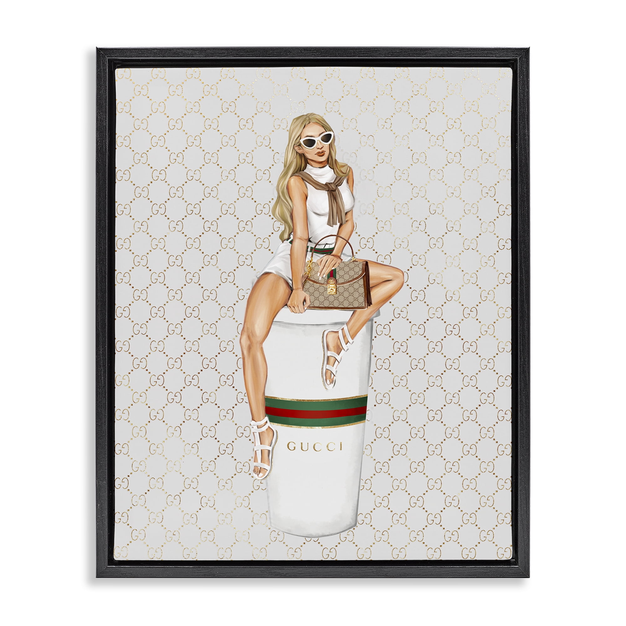 Stupell Industries Trendy Girl & Coffee Novelty Painting Black Floater Framed Art Print Wall Art, 17 x 21