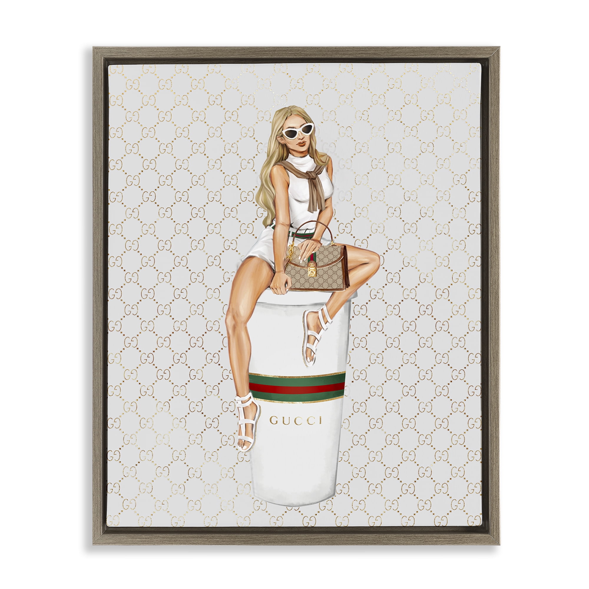 Stupell Industries Trendy Girl & Coffee Novelty Painting Brown Floater Framed Art Print Wall Art, 25 x 31