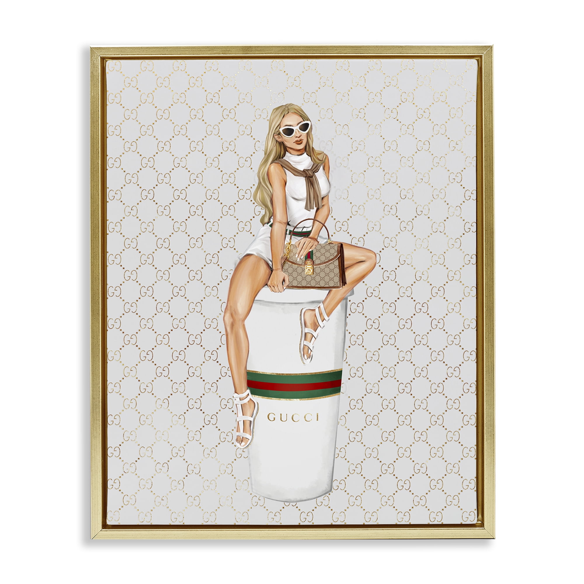 Stupell Industries Trendy Girl & Coffee Novelty Painting Gold Floater Framed Art Print Wall Art, 17 x 21