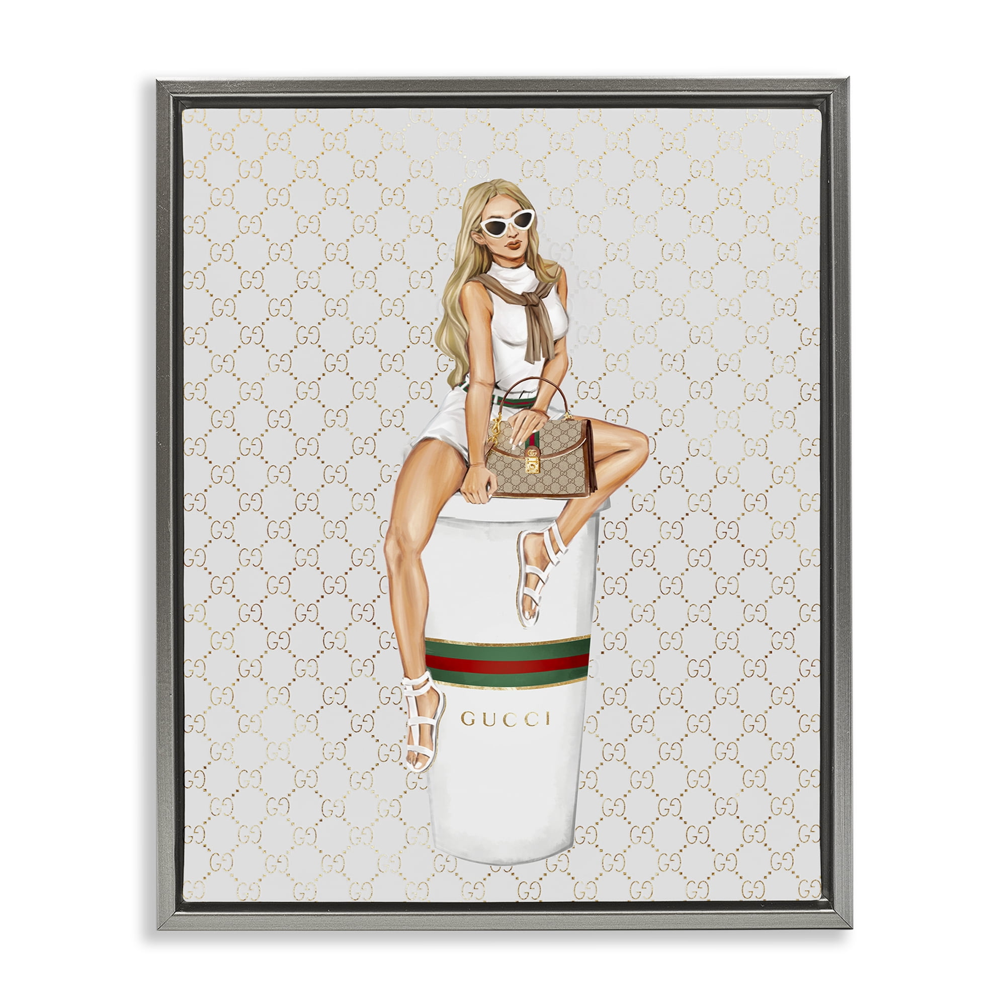 Stupell Industries Trendy Girl & Coffee Novelty Painting Gray Floater Framed Art Print Wall Art, 17 x 21