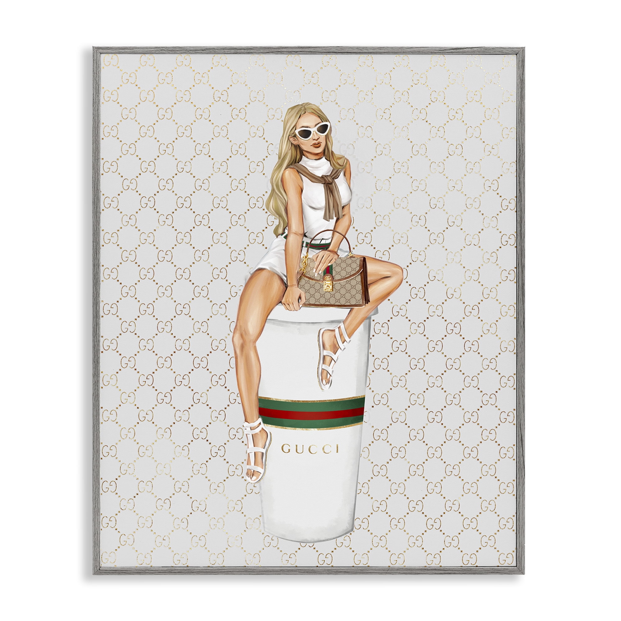 Stupell Industries Trendy Girl & Coffee Novelty Painting Gray Framed Art Print Wall Art, 24 x 30