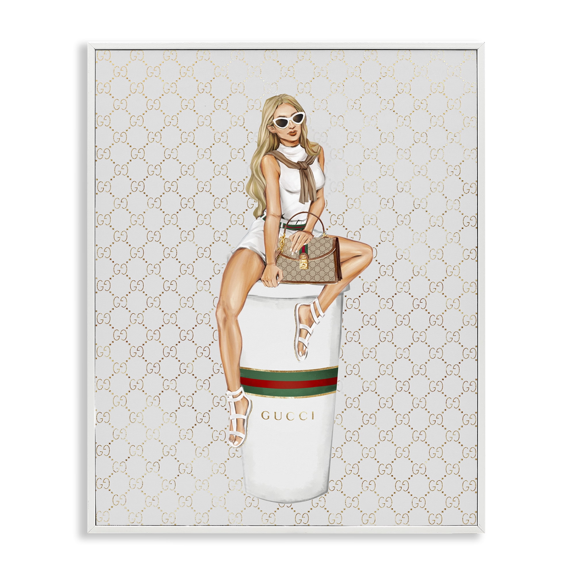 Stupell Industries Trendy Girl & Coffee Novelty Painting White Framed Art Print Wall Art, 24 x 30