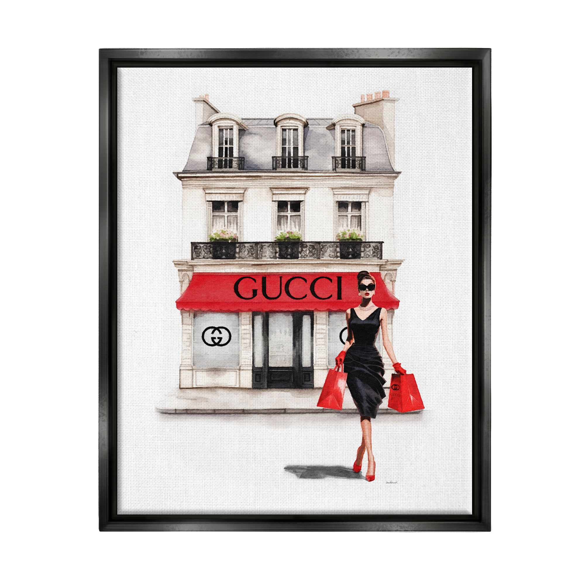 Stupell Industries Trendy Girl Shopping Town & City Painting Black Floater Framed Canvas Art Print Wall Art, 17 x 21