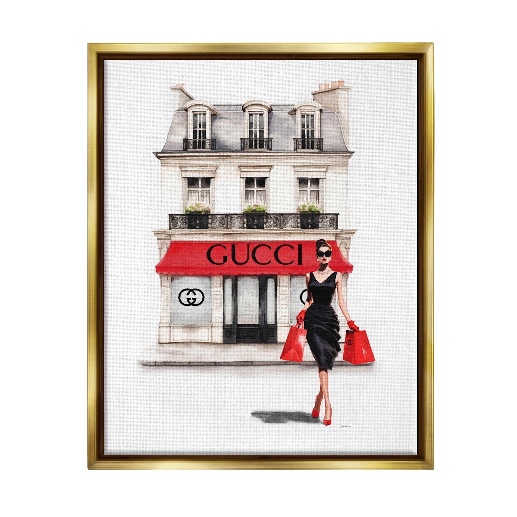Stupell Industries Trendy Girl Shopping Town & City Painting Gold Floater Framed Canvas Art Print Wall Art, 17 x 21