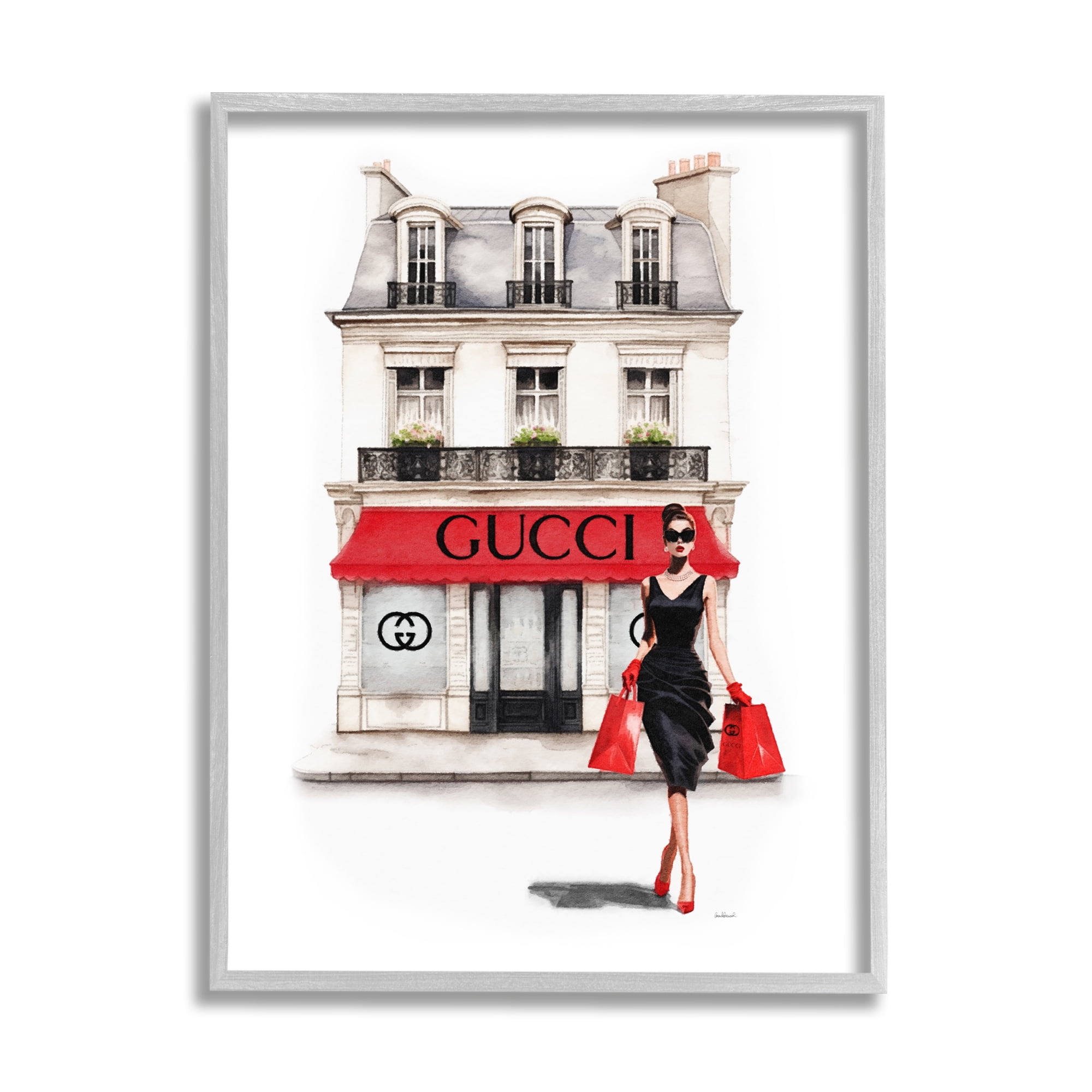 Stupell Industries Trendy Girl Shopping Town & City Painting Gray Framed Art Print Wall Art, 24 x 30