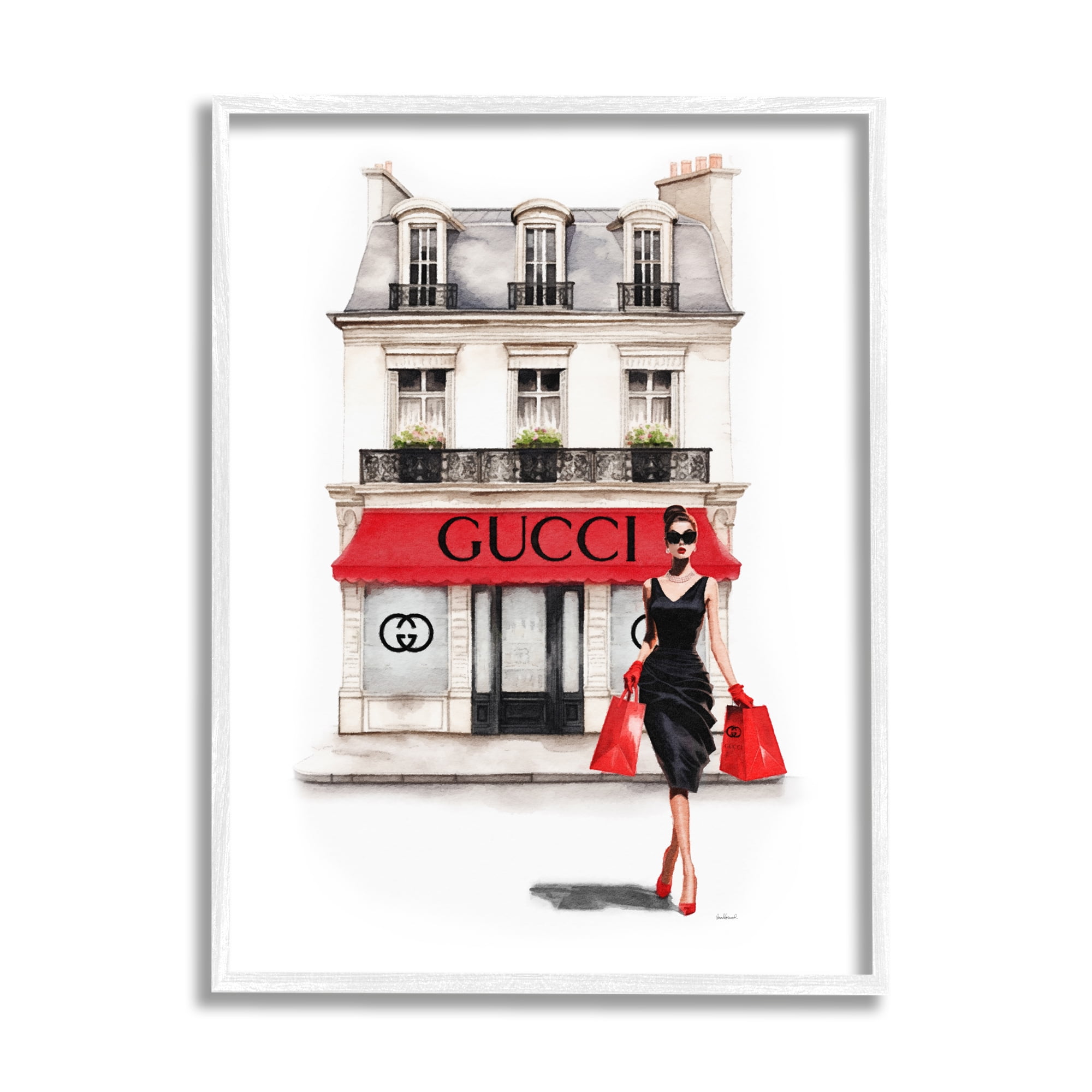 Stupell Industries Trendy Girl Shopping Town & City Painting White Framed Art Print Wall Art, 16 x 20