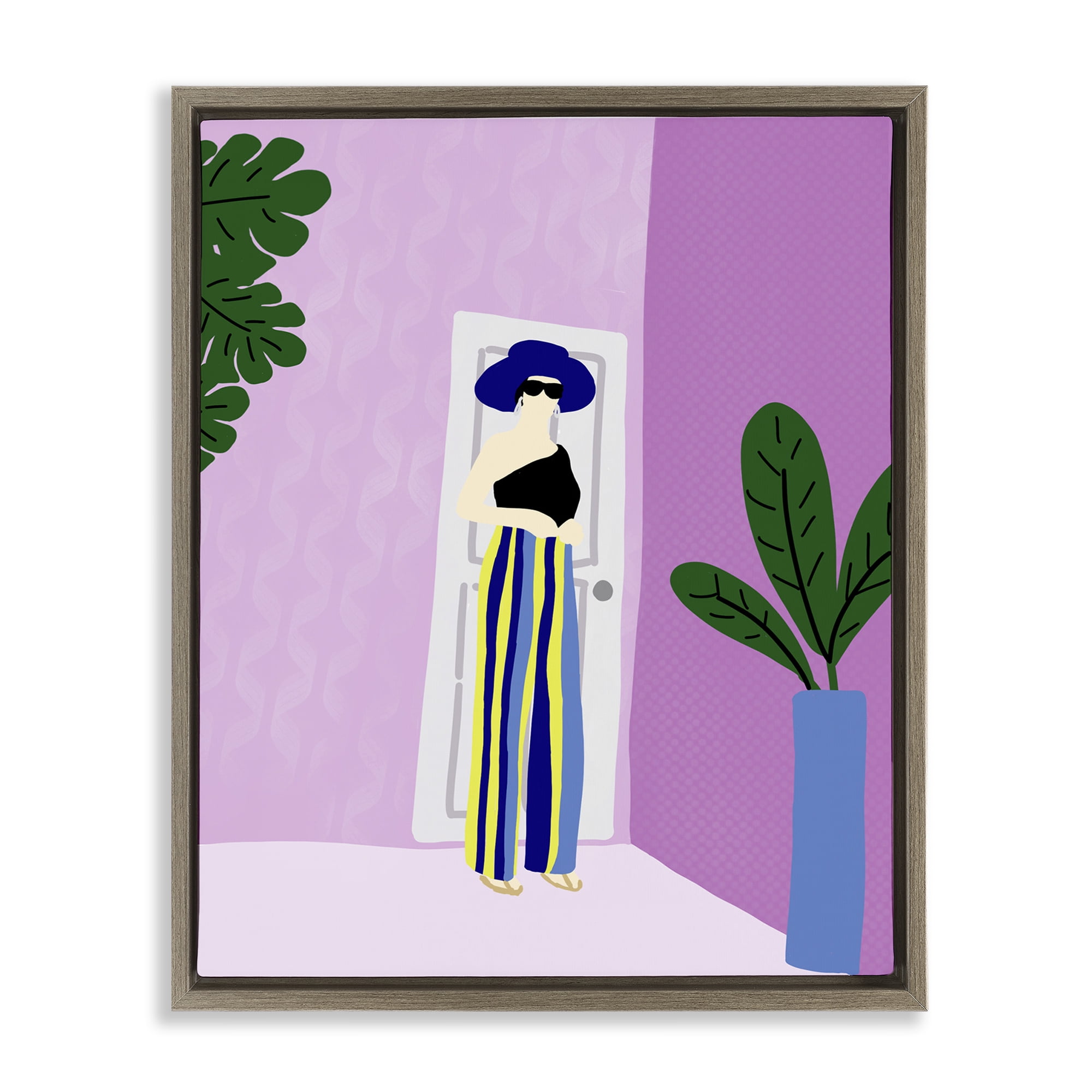 Stupell Industries Trendy Girl on Purple Novelty Painting Brown Floater Framed Art Print Wall Art, 25 x 31