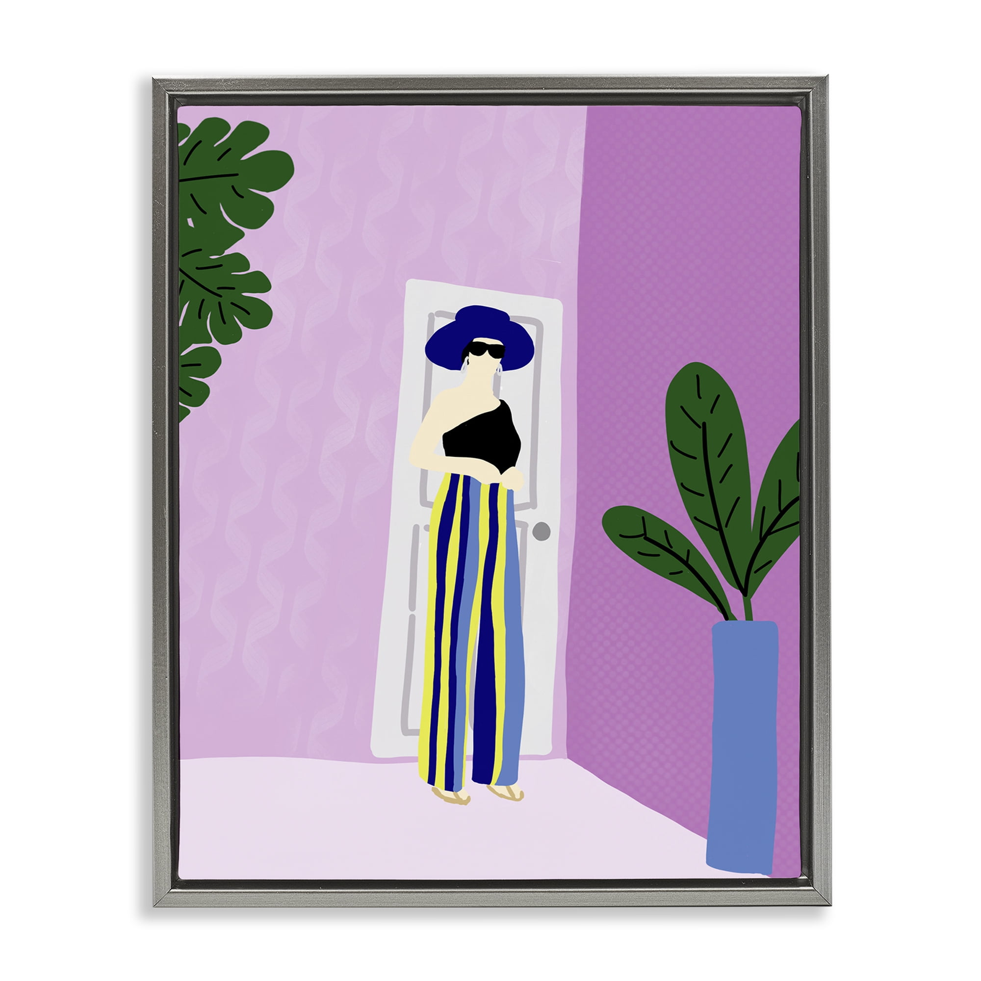 Stupell Industries Trendy Girl on Purple Novelty Painting Gray Floater Framed Art Print Wall Art, 17 x 21
