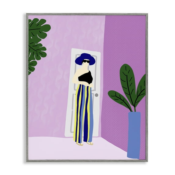 Stupell Industries Trendy Girl on Purple Novelty Painting Gray Framed Art Print Wall Art, 11 x 14
