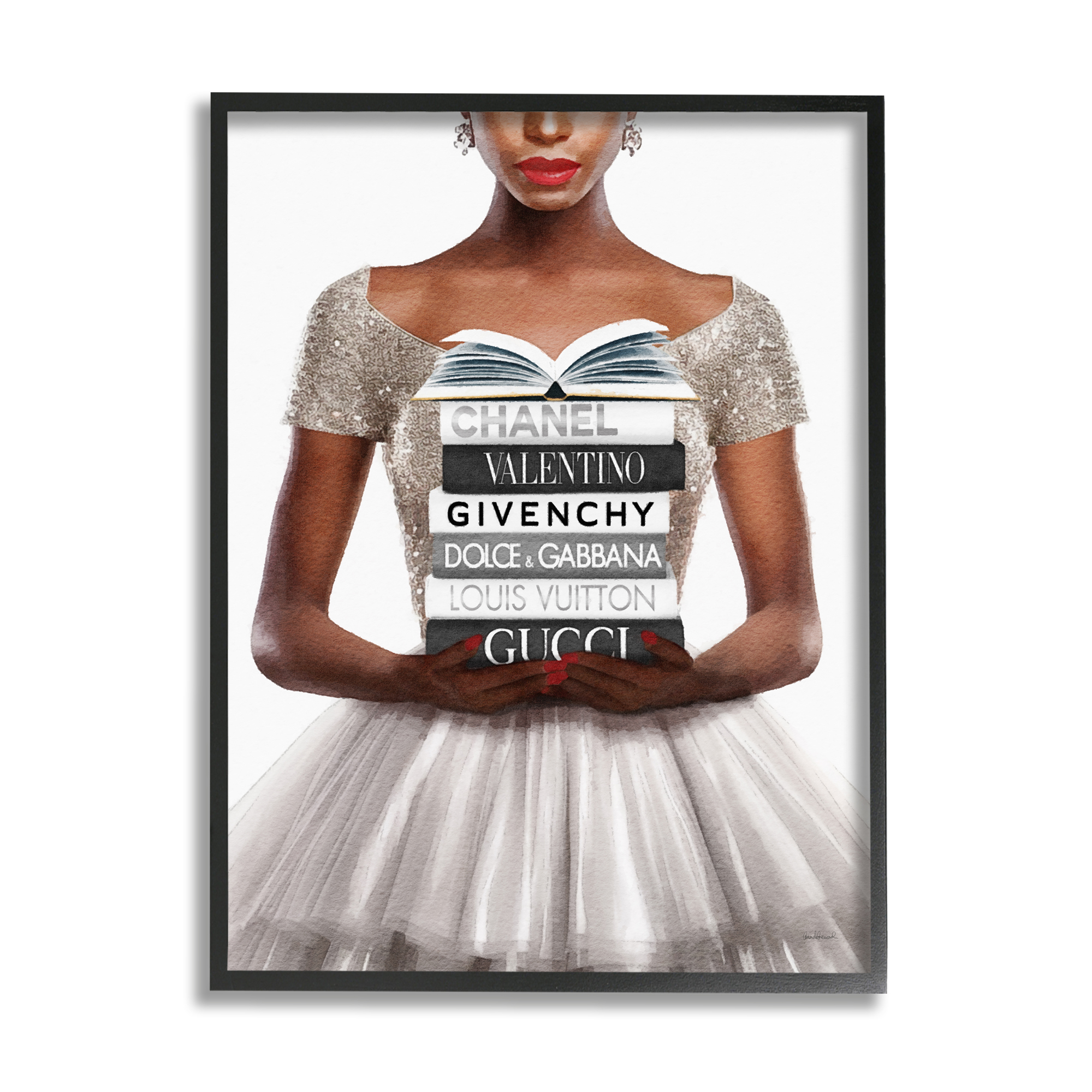 Stupell Industries Trendy Girl with Books Beauty & Fashion Painting Black Framed Art Print Wall Art, 24 x 30