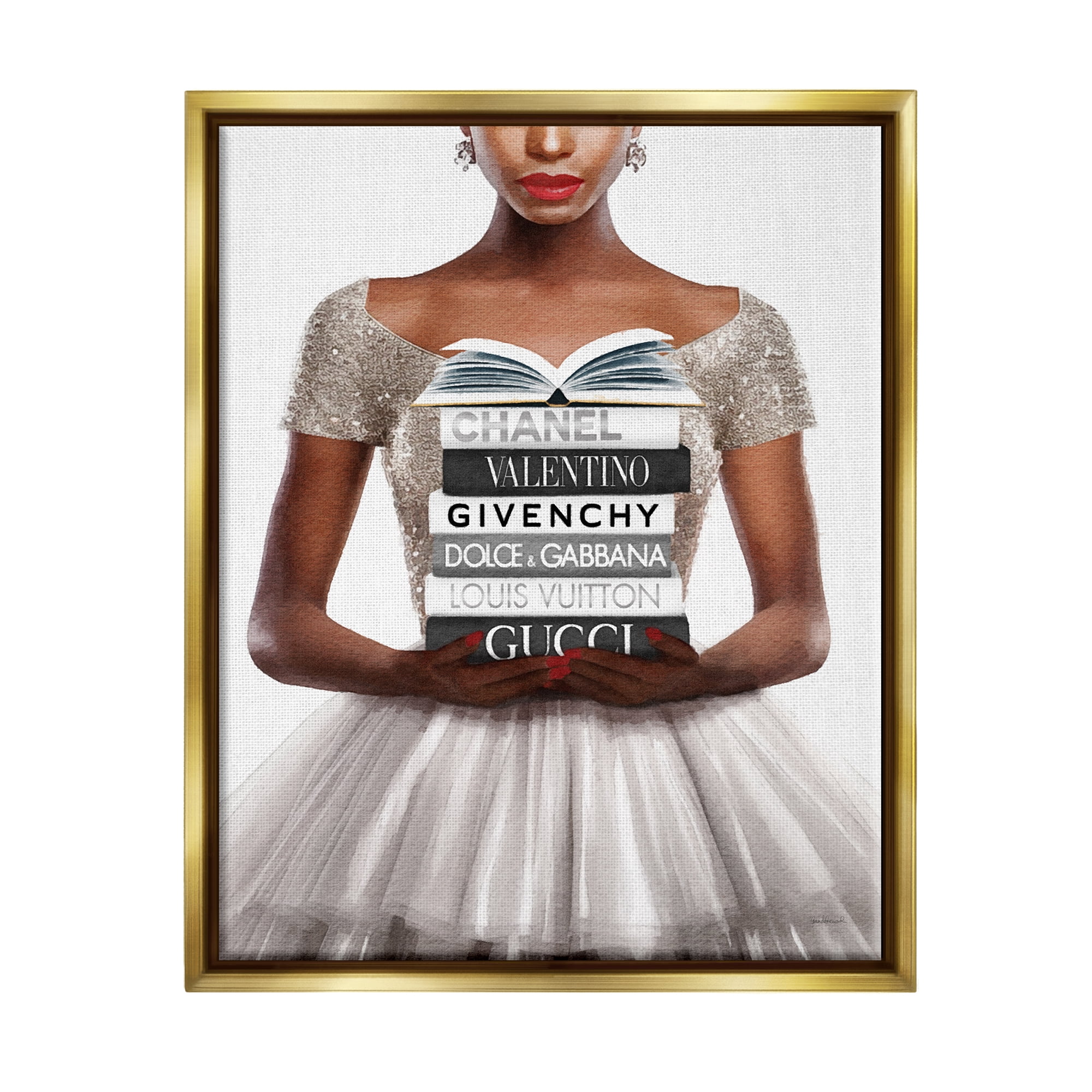 Stupell Industries Trendy Girl with Books Beauty & Fashion Painting Gold Floater Framed Canvas Art Print Wall Art, 17 x 21