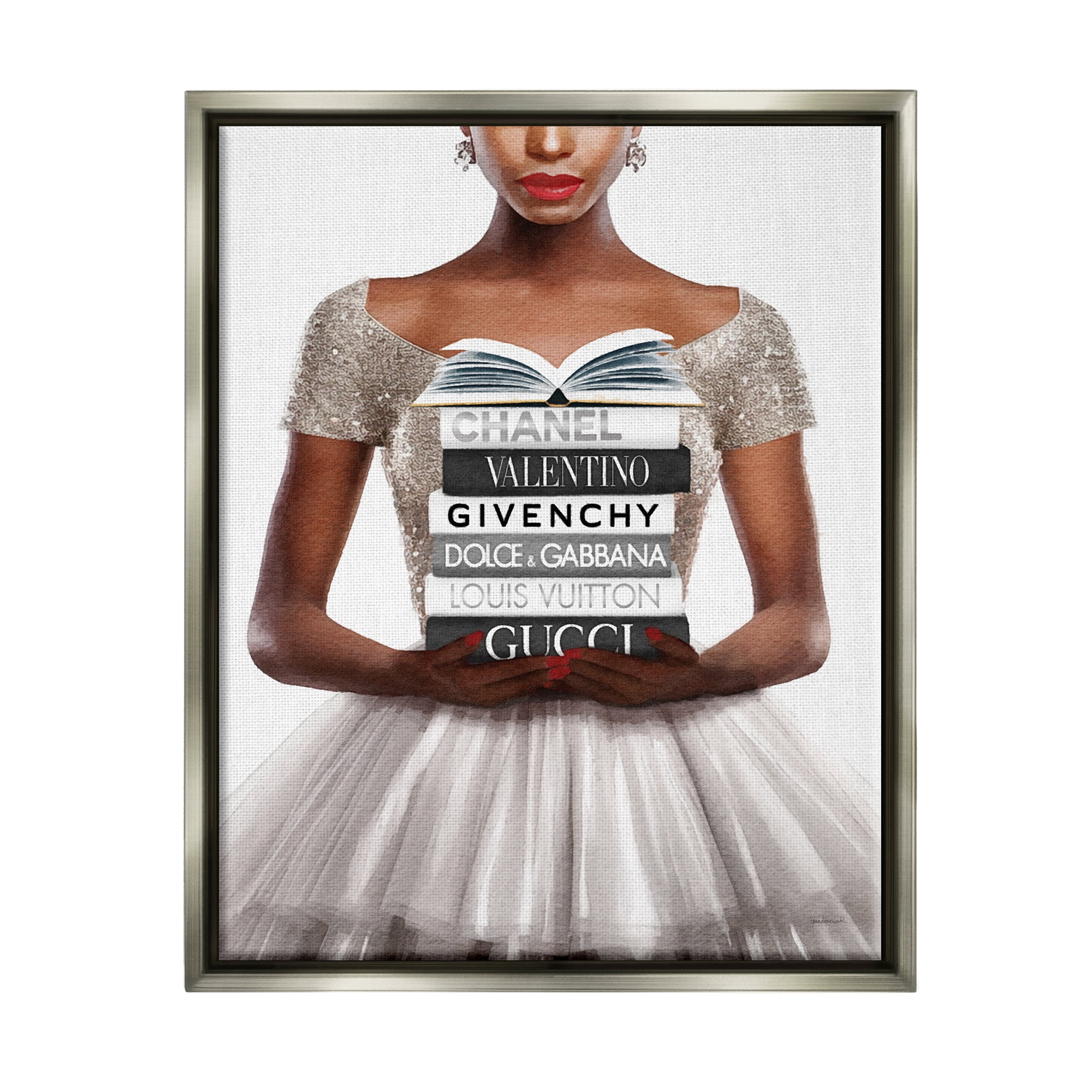 Stupell Industries Trendy Girl with Books Beauty & Fashion Painting Gray Floater Framed Canvas Art Print Wall Art, 25 x 31