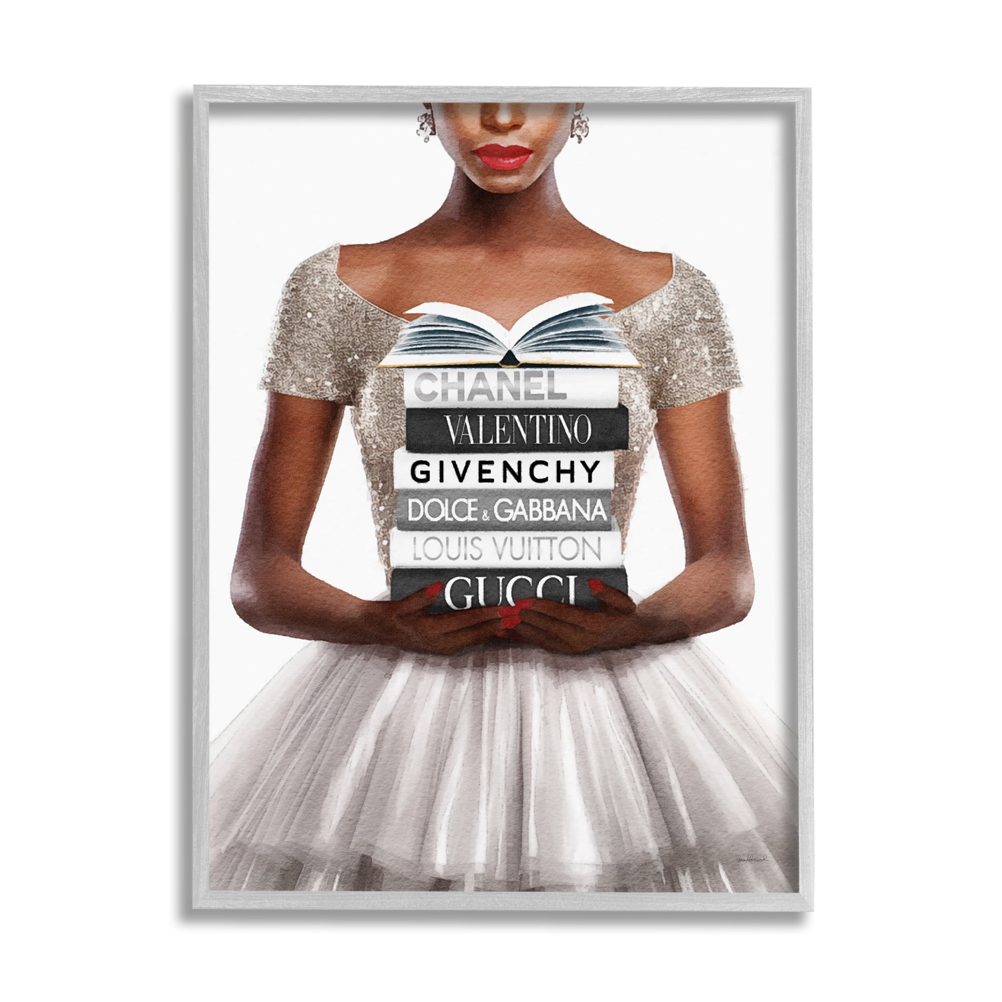 Stupell Industries Trendy Girl with Books Beauty & Fashion Painting Gray Framed Art Print Wall Art, 24 x 30