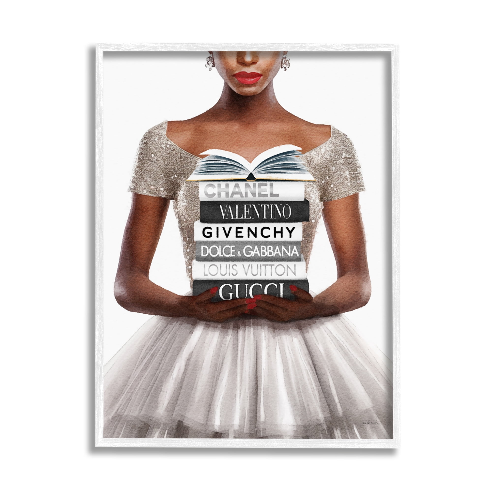 Stupell Industries Trendy Girl with Books Beauty & Fashion Painting White Framed Art Print Wall Art, 24 x 30