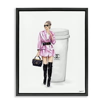 Stupell Industries Trendy Girl with Coffee Novelty Painting Black Floater Framed Art Print Wall Art, 17 x 21