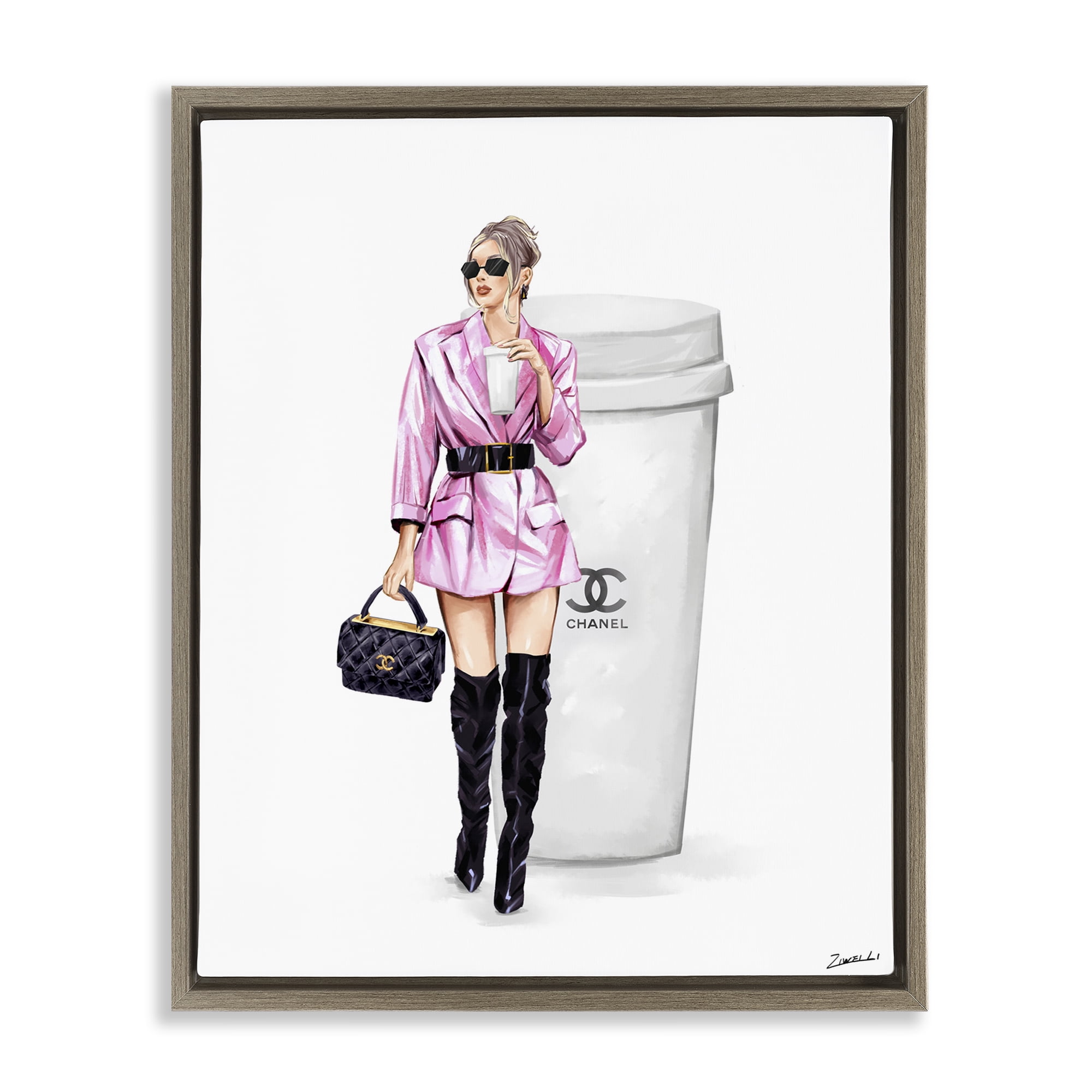 Stupell Industries Trendy Girl with Coffee Novelty Painting Brown Floater Framed Art Print Wall Art, 25 x 31