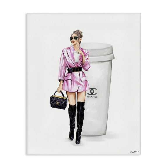Stupell Industries Trendy Girl with Coffee Novelty Painting Gallery Wrapped Canvas Art Print Wall Art, 16 x 20