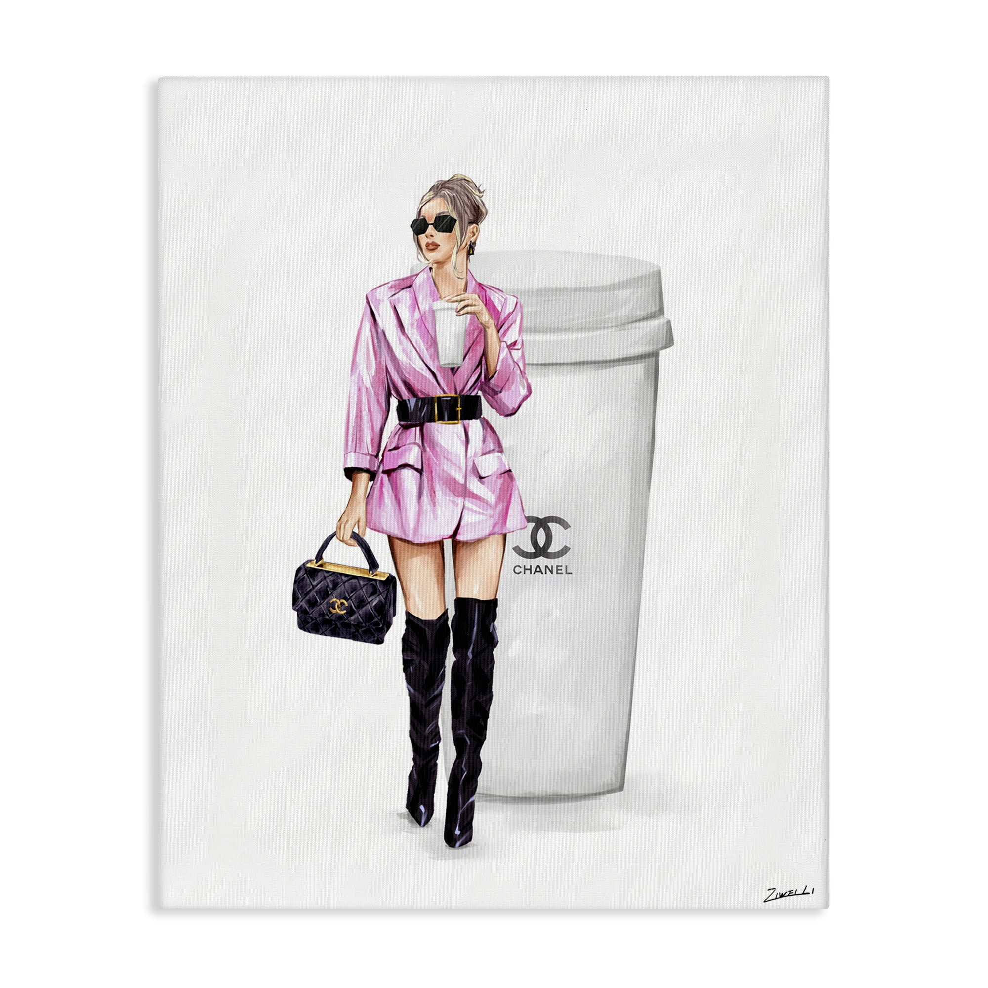 Stupell Industries Trendy Girl with Coffee Novelty Painting Gallery Wrapped Canvas Art Print Wall Art, 24 x 30