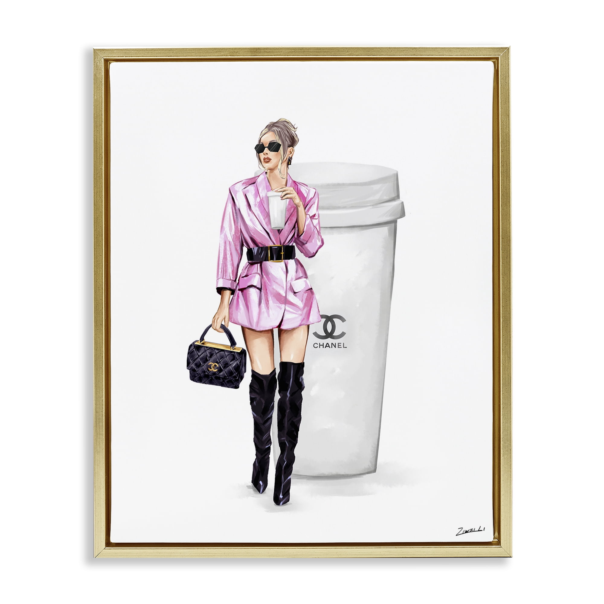 Stupell Industries Trendy Girl with Coffee Novelty Painting Gold Floater Framed Art Print Wall Art, 25 x 31