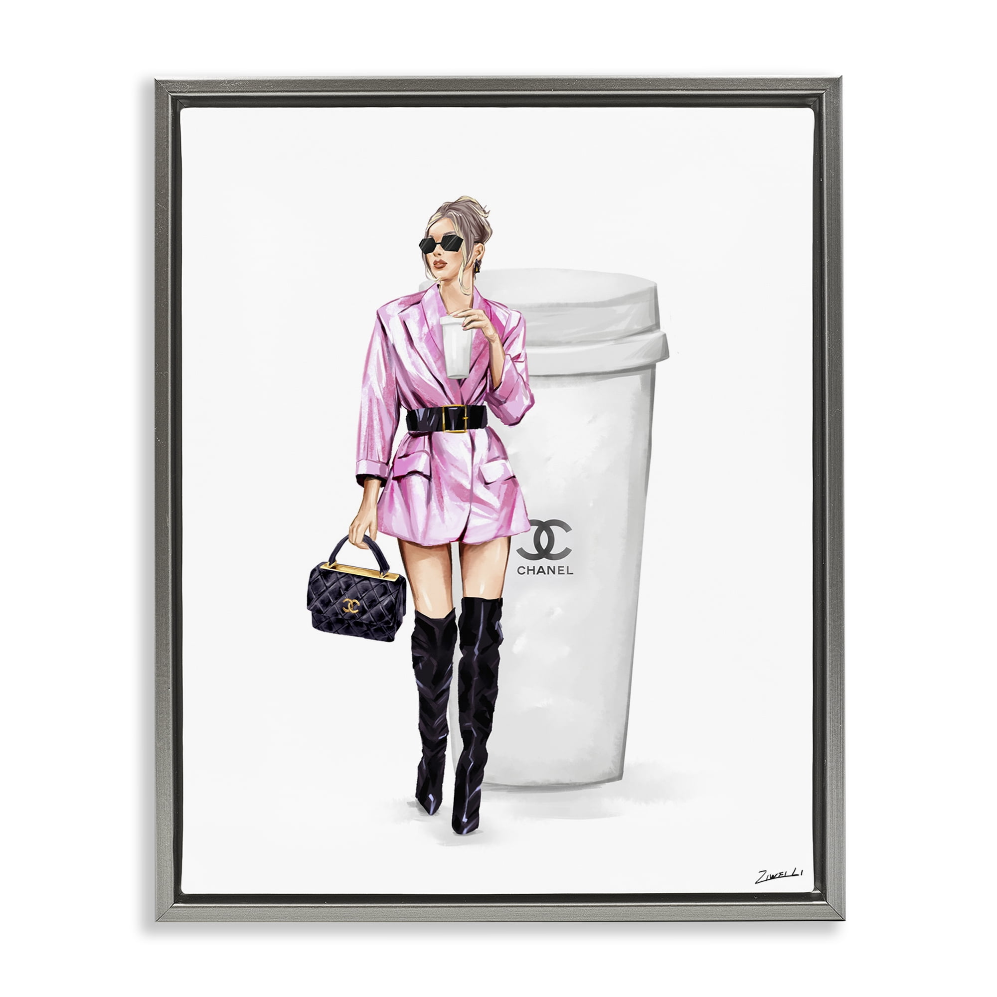 Stupell Industries Trendy Girl with Coffee Novelty Painting Gray Floater Framed Art Print Wall Art, 25 x 31