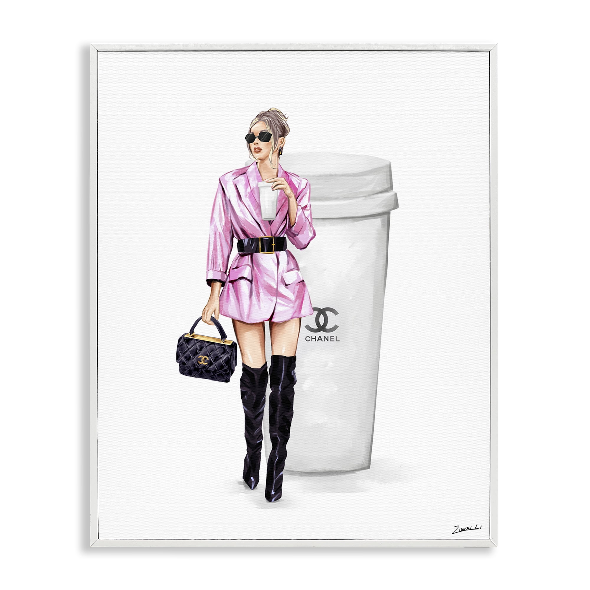 Stupell Industries Trendy Girl with Coffee Novelty Painting White Framed Art Print Wall Art, 11 x 14