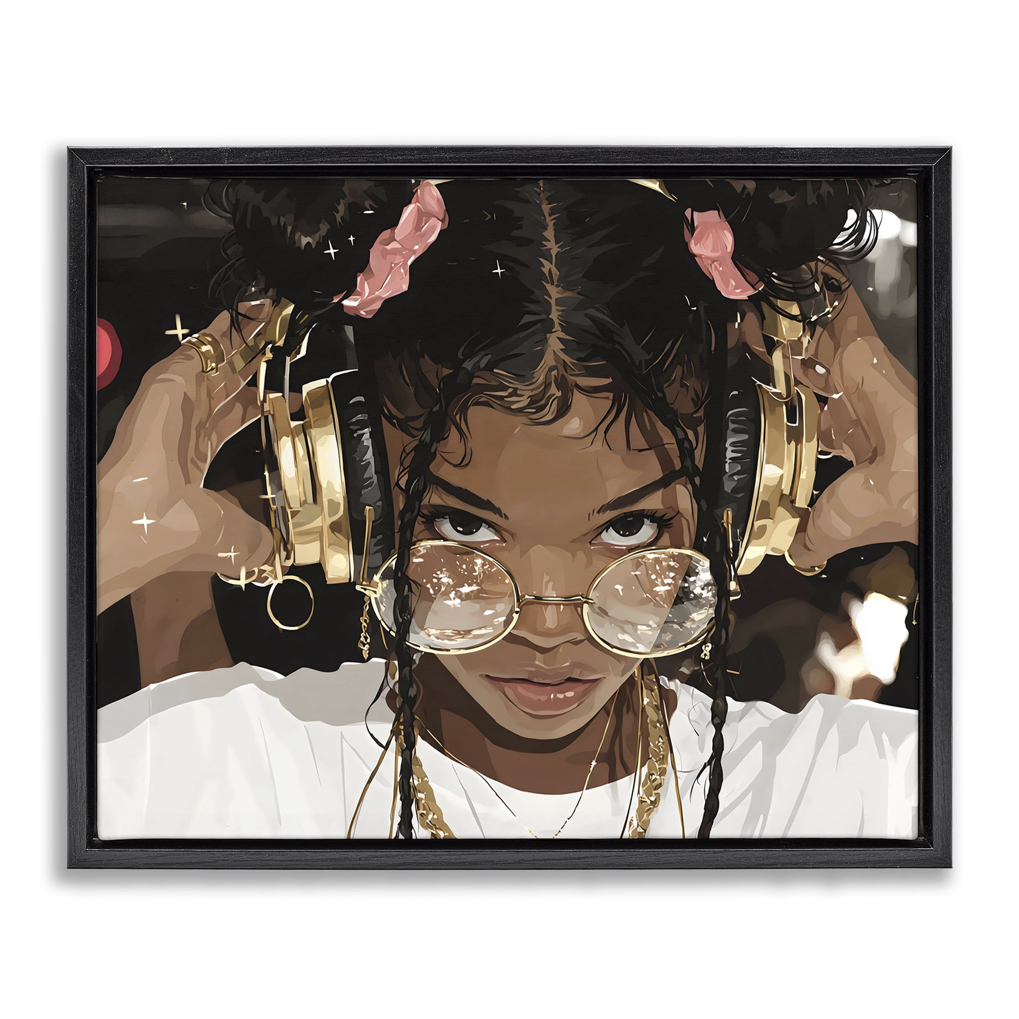 Stupell Industries Trendy Girl with Gold Headphones Black Framed Floater Canvas Wall Art, design by Franklyn Gregory