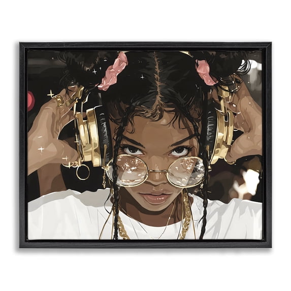 Stupell Industries Contemporary Trendy Girl with Gold Headphones Black Floating Frame Canvas Art, 21 x 17, by Franklyn Gregory