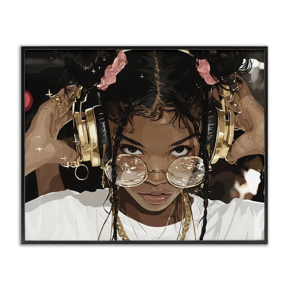 Stupell Industries Contemporary Trendy Girl with Gold Headphones Black Framed Giclee Art, 14 x 11, by Franklyn Gregory
