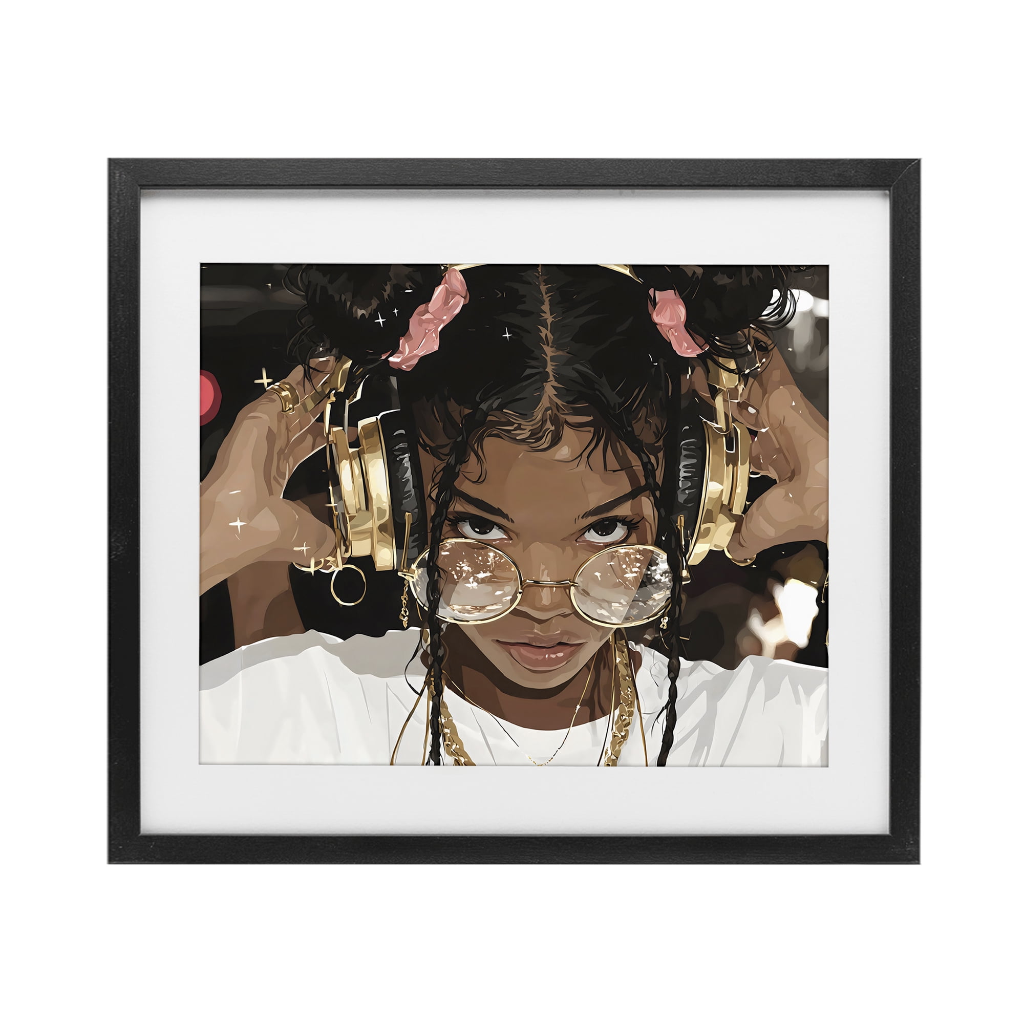 Stupell Industries Trendy Girl with Gold Headphones Black Framed Print Under Glass, design by Franklyn Gregory